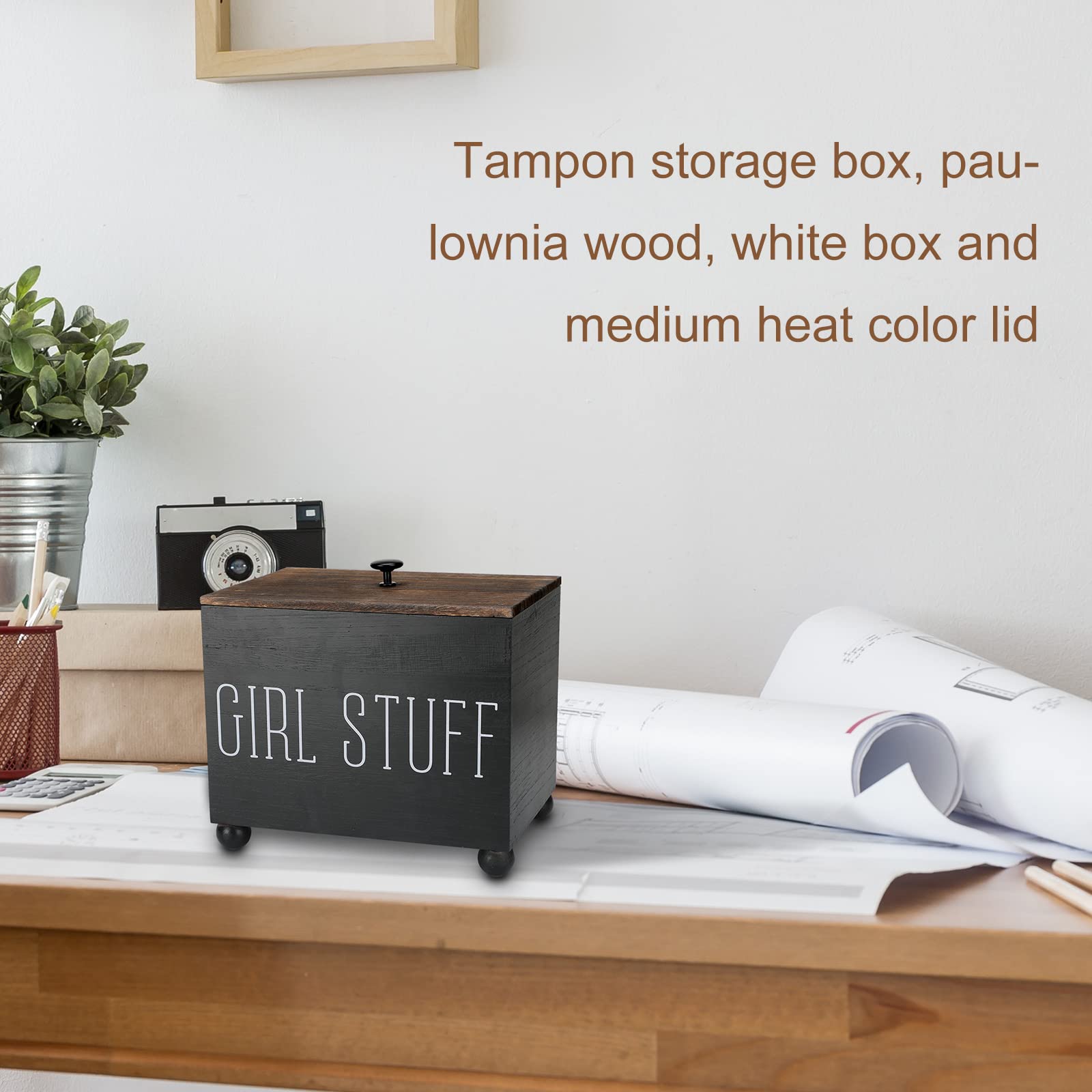 Amyhill Tampon Holder for Bathroom with Lids Wood Tampon and Pad Holder Organizer Decorative Tampon Storage Rustic Farmhouse Storage Bins Pad Organizer for Bathroom Period for Women Feminine (Black)