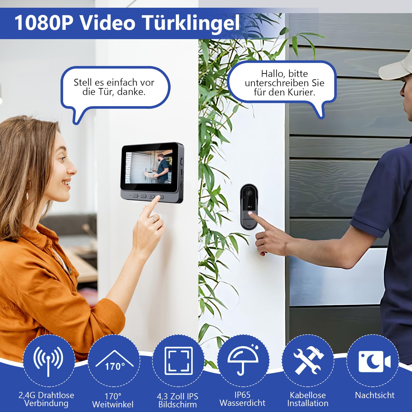 1080P Draadloze Deurbel Voor Buiten, Waterdicht, Met IPS-Display, 4.3 1080P Draadloze Deurbel Voor Buiten, Waterdicht, Met IPS-Display, 4.3