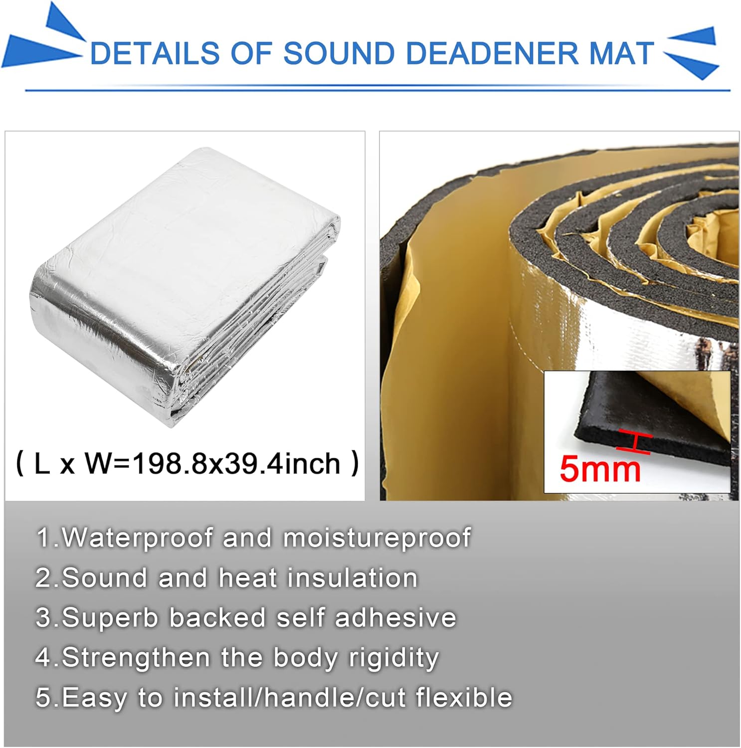 uxcell 197mil 54.4sqft Heat Sound Deadening Mat for Factory Farm Roof and Water Pipe Thermal Acoustic Insulation 198.8x39.4inch for Car