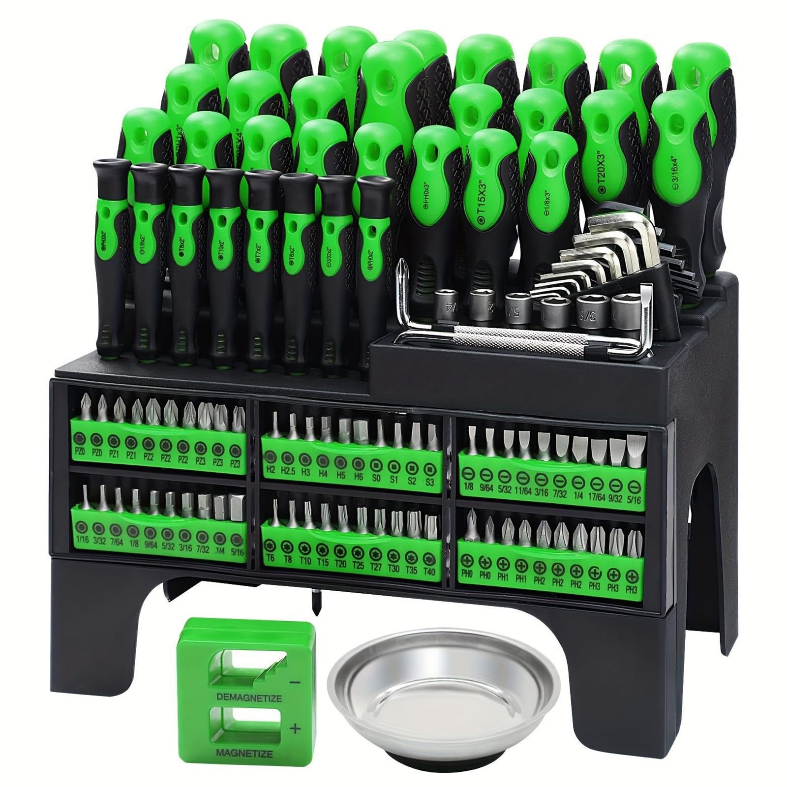 Set di 118 cacciaviti magnetici, resistenti in acciaio al cromo vanadio, testa ergonomica, impugnatura morbida, utensili manuali con scaffalature in plastica, per riparazioni domestiche fai da te