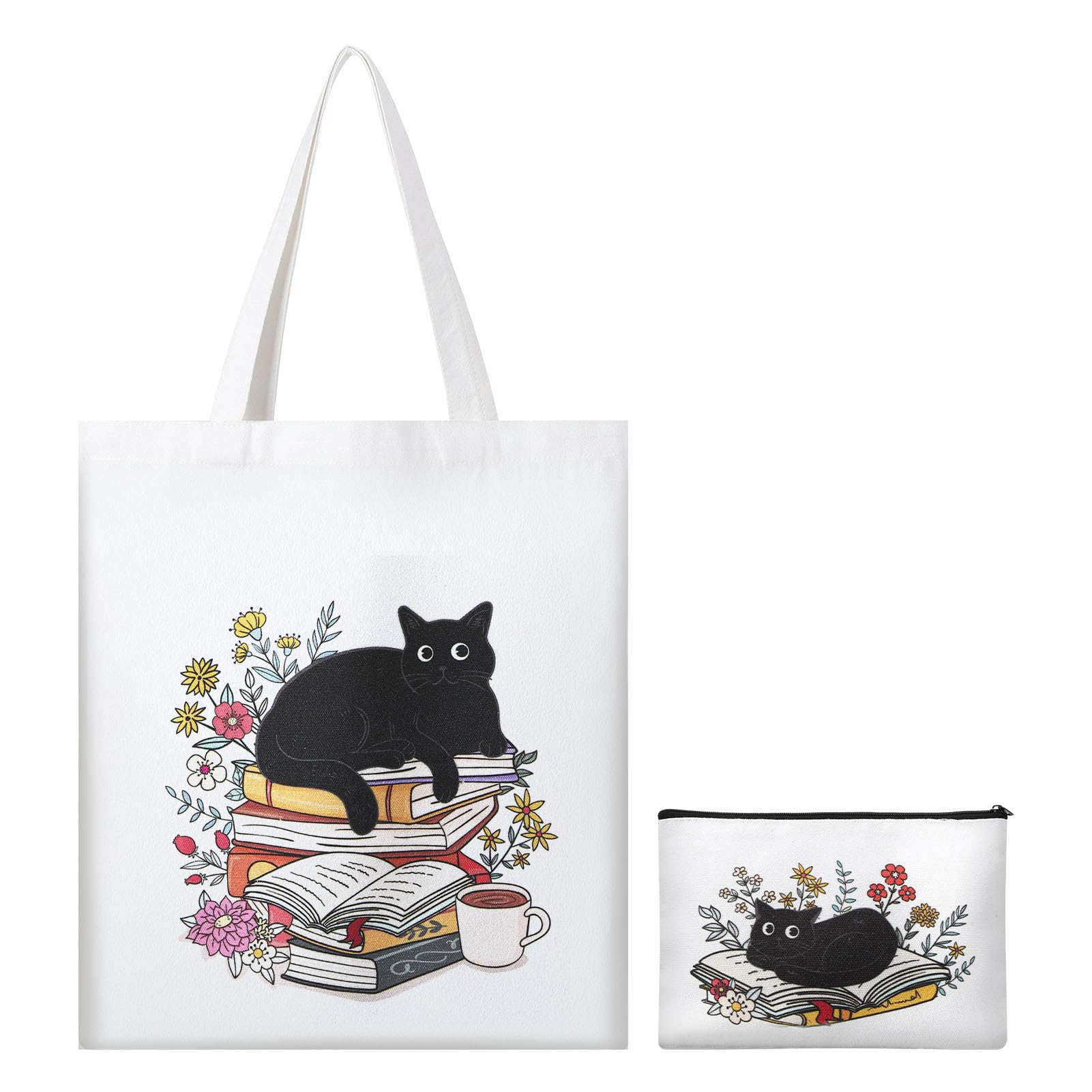 Cat Canvas Tote Bag and Makeup Bag - Birthday, Mum, Thank You, Personalised, Small Travel Gifts for Women, Teachers, Girls, Friends, Sister