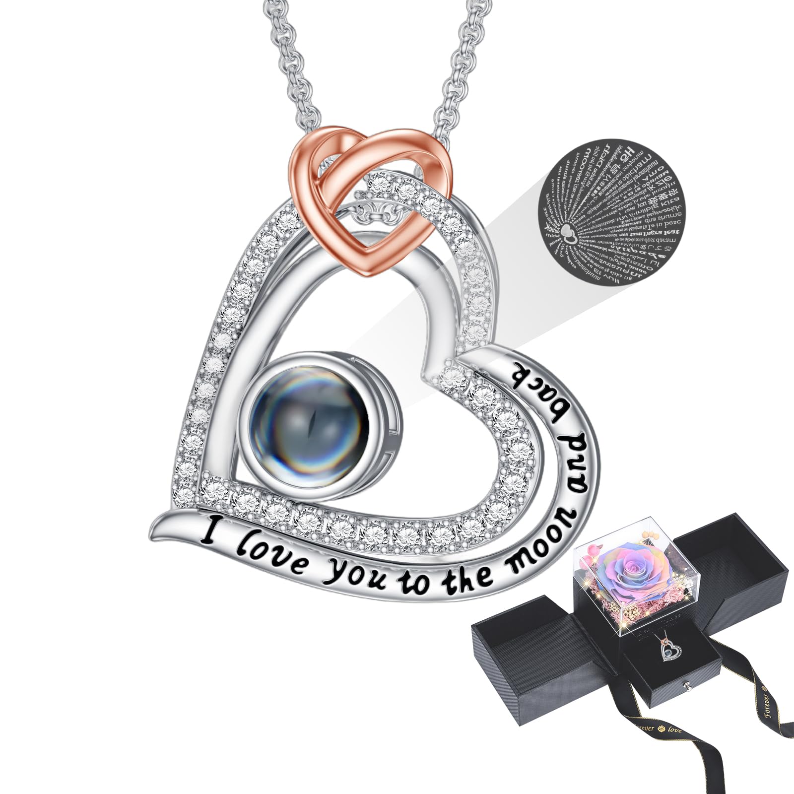 SOULMEET Preserved Real Rose 100 Languages I Love You Projection Necklace Eternal Flowers Rose Projection Necklace Gifts for Her Mom Wife on Christmas