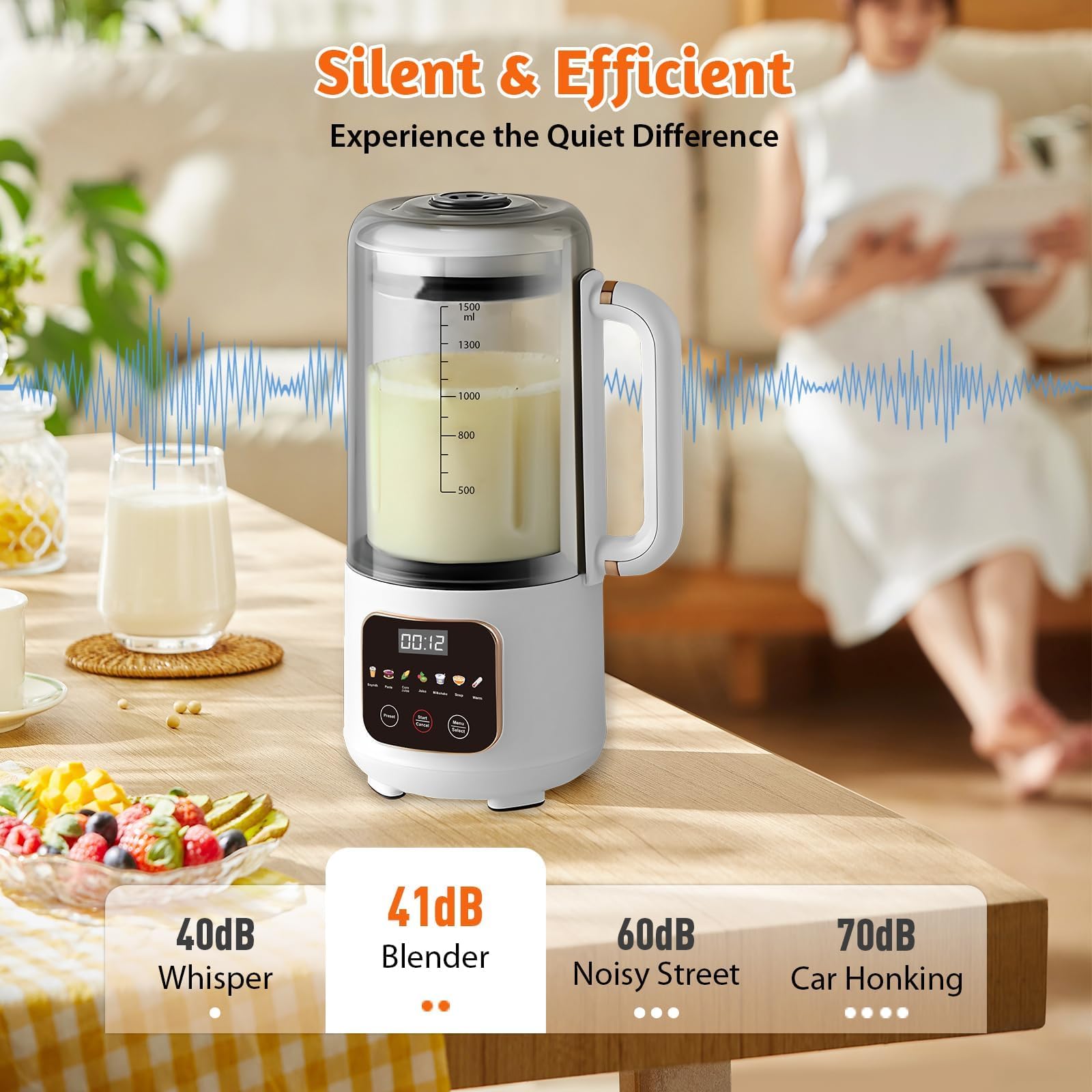 1.5L Sojamilch Maker Maschine, 7 in 1 Automatischer Nussmilchbereiter mit schalldichter Abdeckung, isoliertes Design, 16 Klingen für Sojamilch, Brei, Saft, 220V 50Hz
