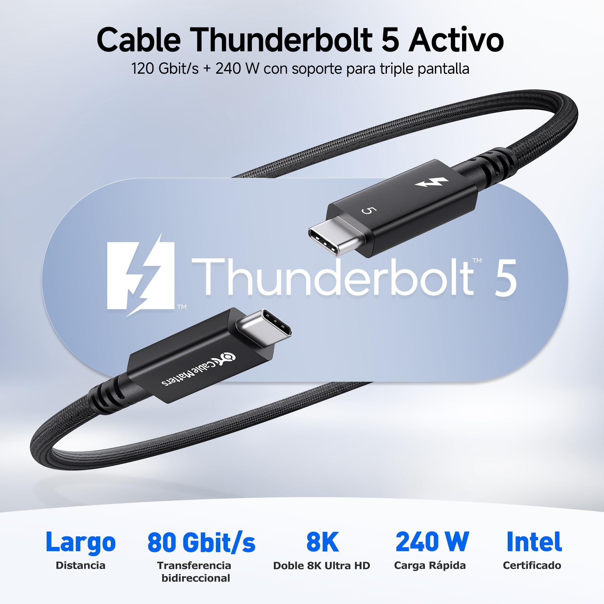 Cable Matters [Certificado por Intel] Cable Thunderbolt 5 Activo 80Gbps 2 m, hasta 120Gbps Bandwidth Boost, carga 240W, vídeo 8K, compatible Thunderbolt 4/3, USB4 y USB C