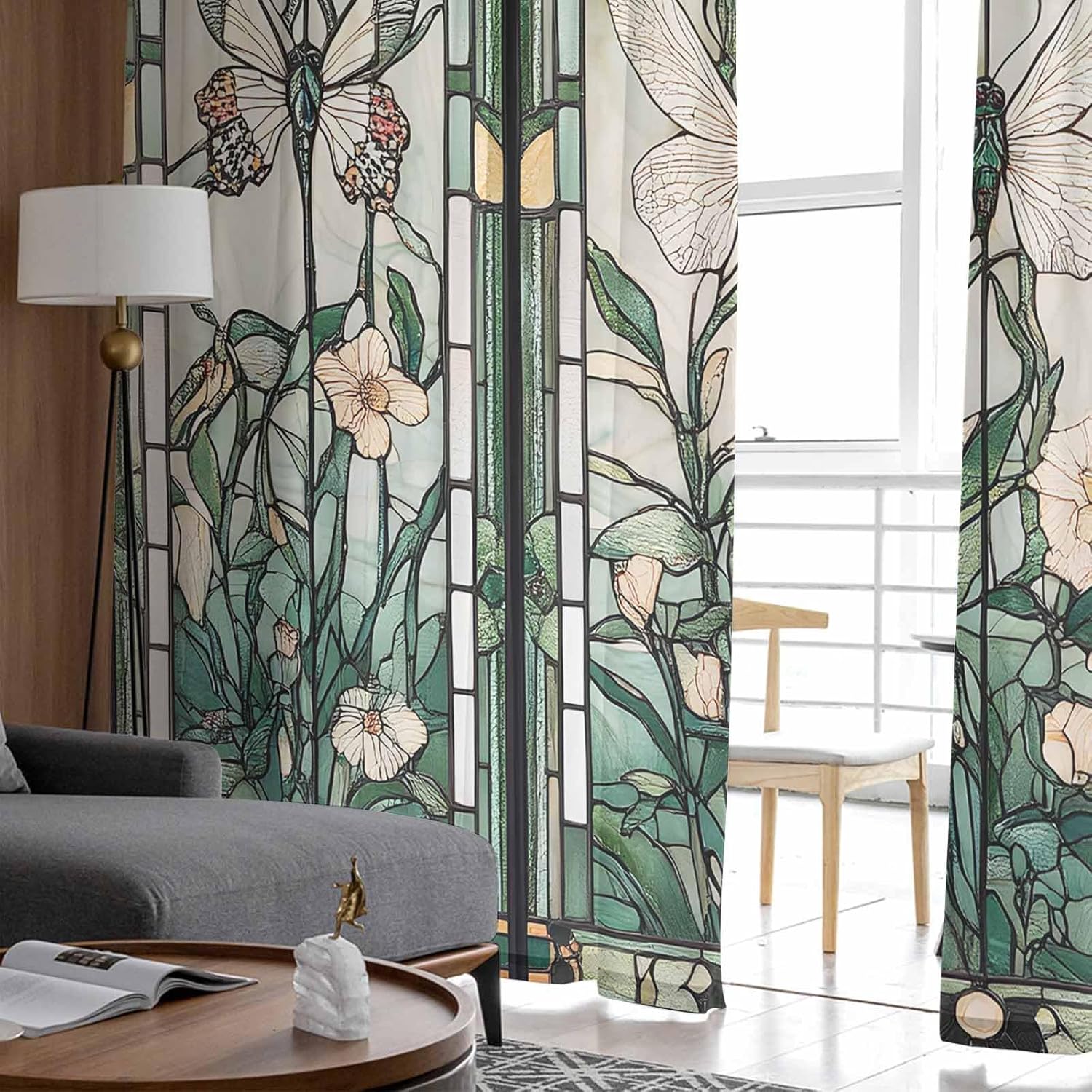 Retro Butterfly Semi Sheer Curtains 84" Long,Butterfly Stained-glass Window Light Filter Window Treatments Curtain Retro Flowers Rod Pocket Drapes for Kitchen Living Room Bedroom Decor 2 Panels