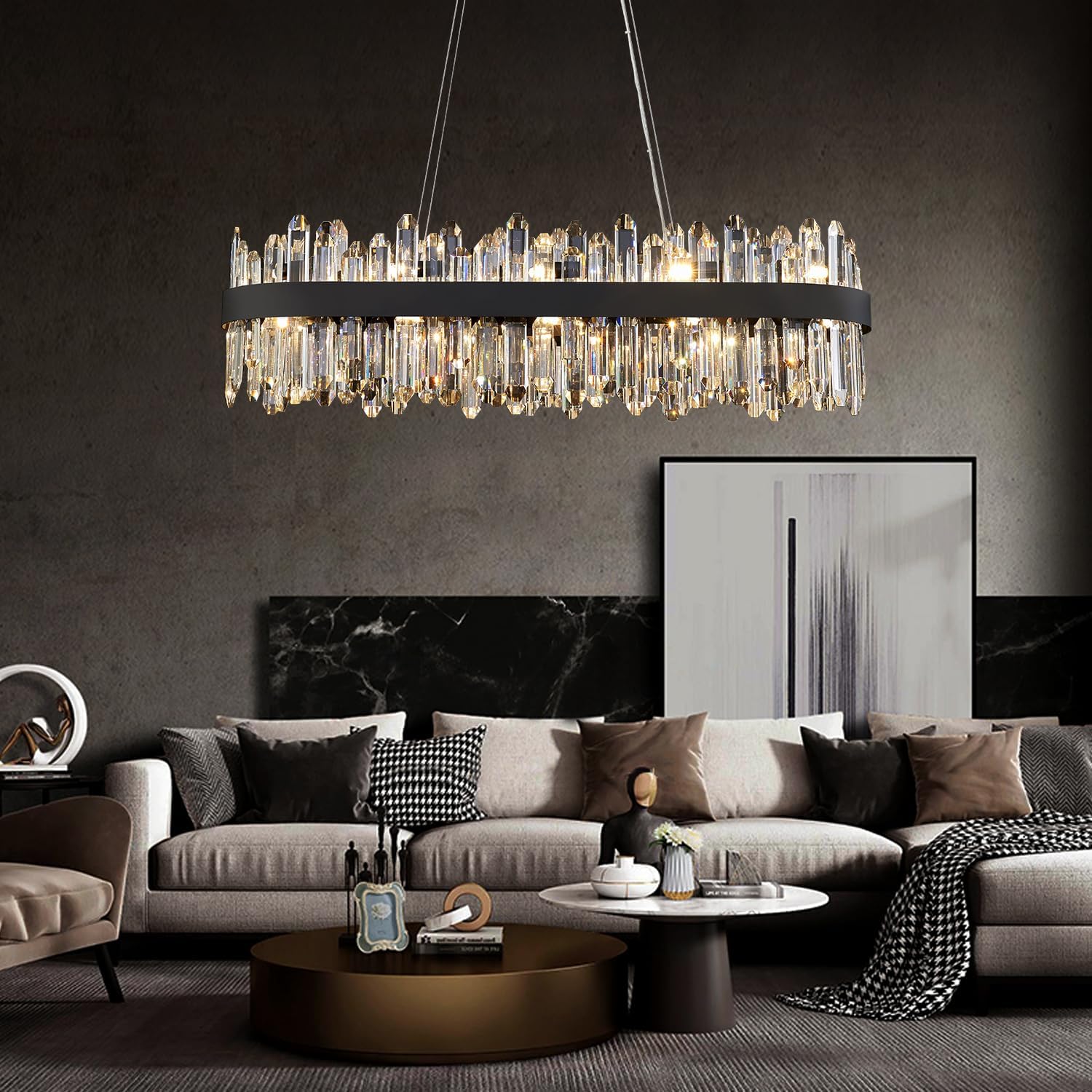 Modern Rectangular Crystal Chandelier, 20-Lights Black Raindrop Chandelier Lighting Contemporary Pendant Ceiling Light Fixture for Dining Room Living Room Kitchen Island L35.4''