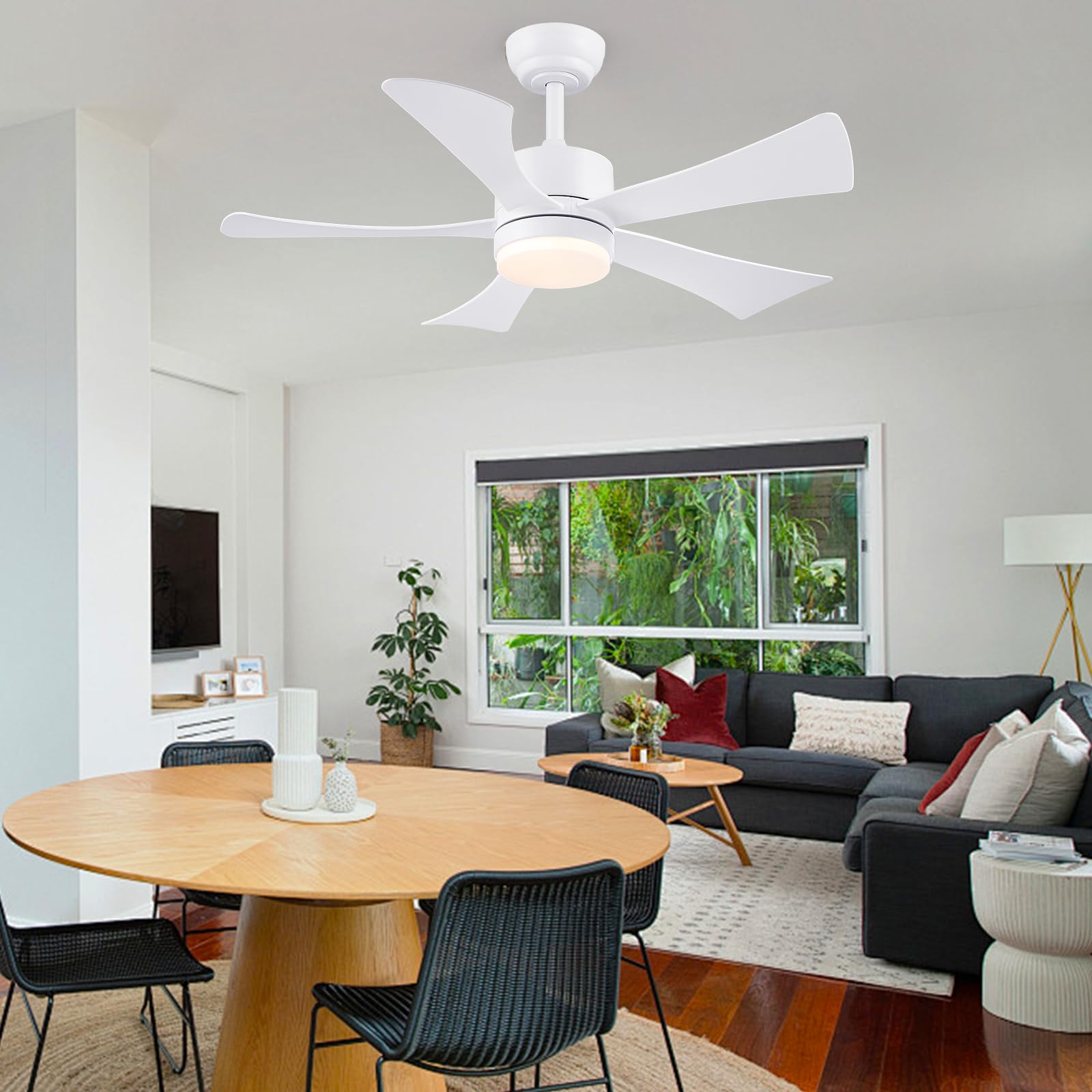 105 cm Deckenventilator mit Licht, Moderner Weißer Deckenventilator mit App-Fernbedienung, DC-Motor (leise), 3CCT dimmbare Beleuchtung mit Memoryfunktion, LED Deckenventilator für Schlafzimmer