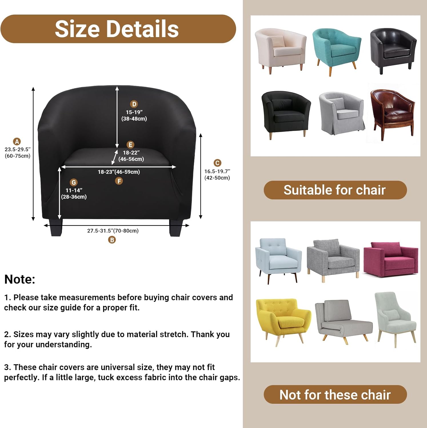 Chair Covers Armchair, 2 Pack Stretch Black Barrel Club Chair Slipcovers, Round Back Chair Sofa Covers Armchair Removable Couch Furniture Protector for Bar Living Room Bedroom Hotel Counter