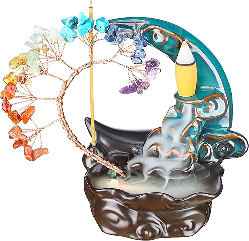 Quemador de incienso de cascada de luna de reflujo de incienso de cerámica para 7 chakras, soporte de incienso de árbol de cristal, Namaste, yoga, disponible en Yaxa Colombia
