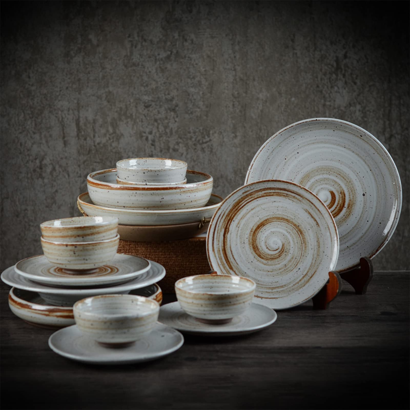 Zestawy obiadowe, Zestawy porcelanowych misek i talerzy, Zestaw ceramicznych naczyń obiadowych Retro, 16 szt. Zestaw naczyń kamionkowych Zestaw kombinowany zastawy stołowej