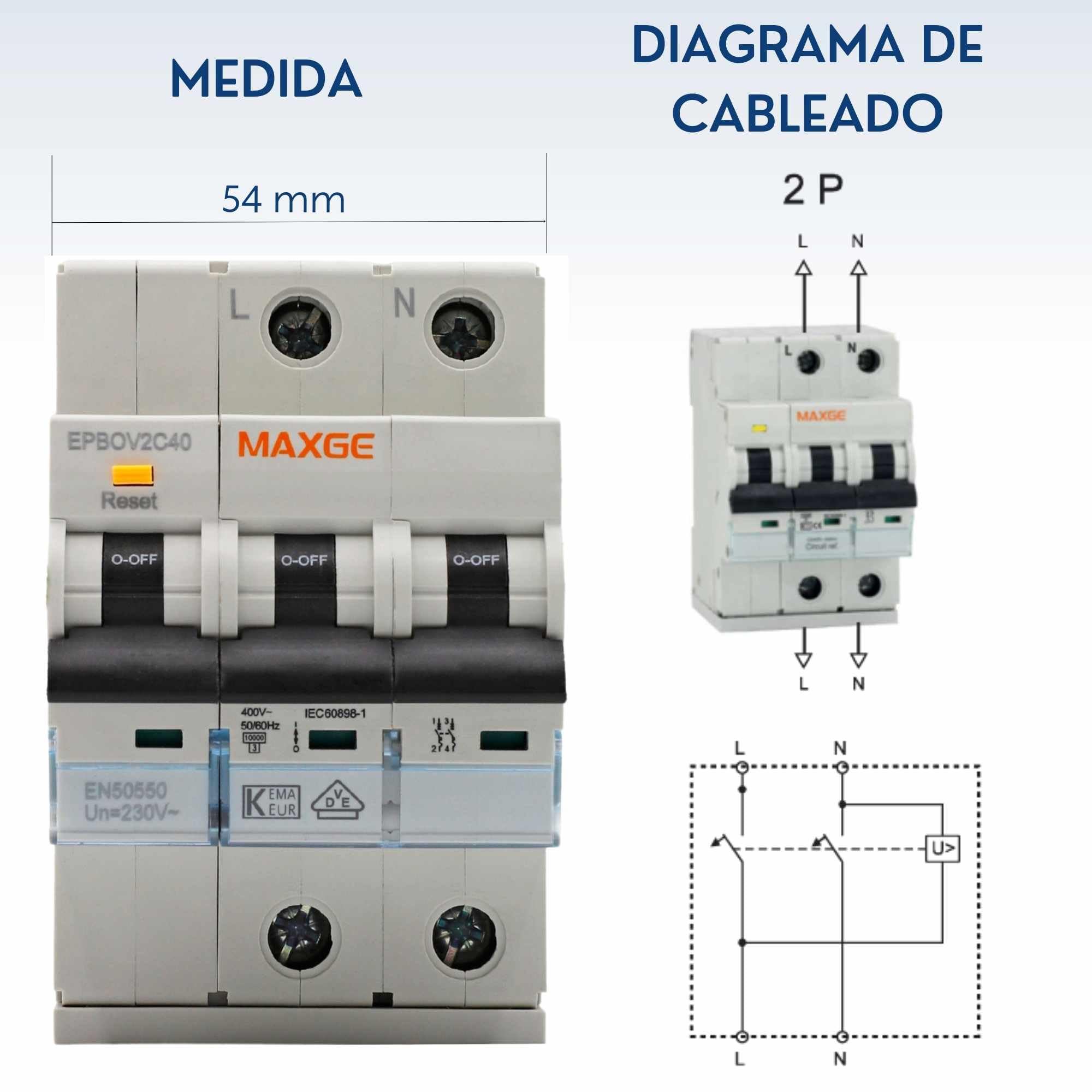 TECHZOCO Protección combinada IGA + sobretensión permanente, Protector monofásico, Protección contra sobretensiones, Norma EN50550, Curva C, Rango de actuación 170V a 280V, 6kA, 2 Polos. 40A
