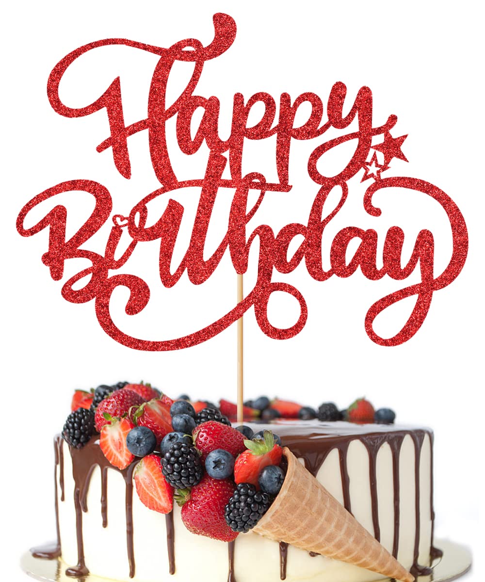 Crseniny Happy Birthday Cake Topper,Red Glitter Birthday Sign Cake Decorations，Anniversary Party/Bday Party Decoration Supplies