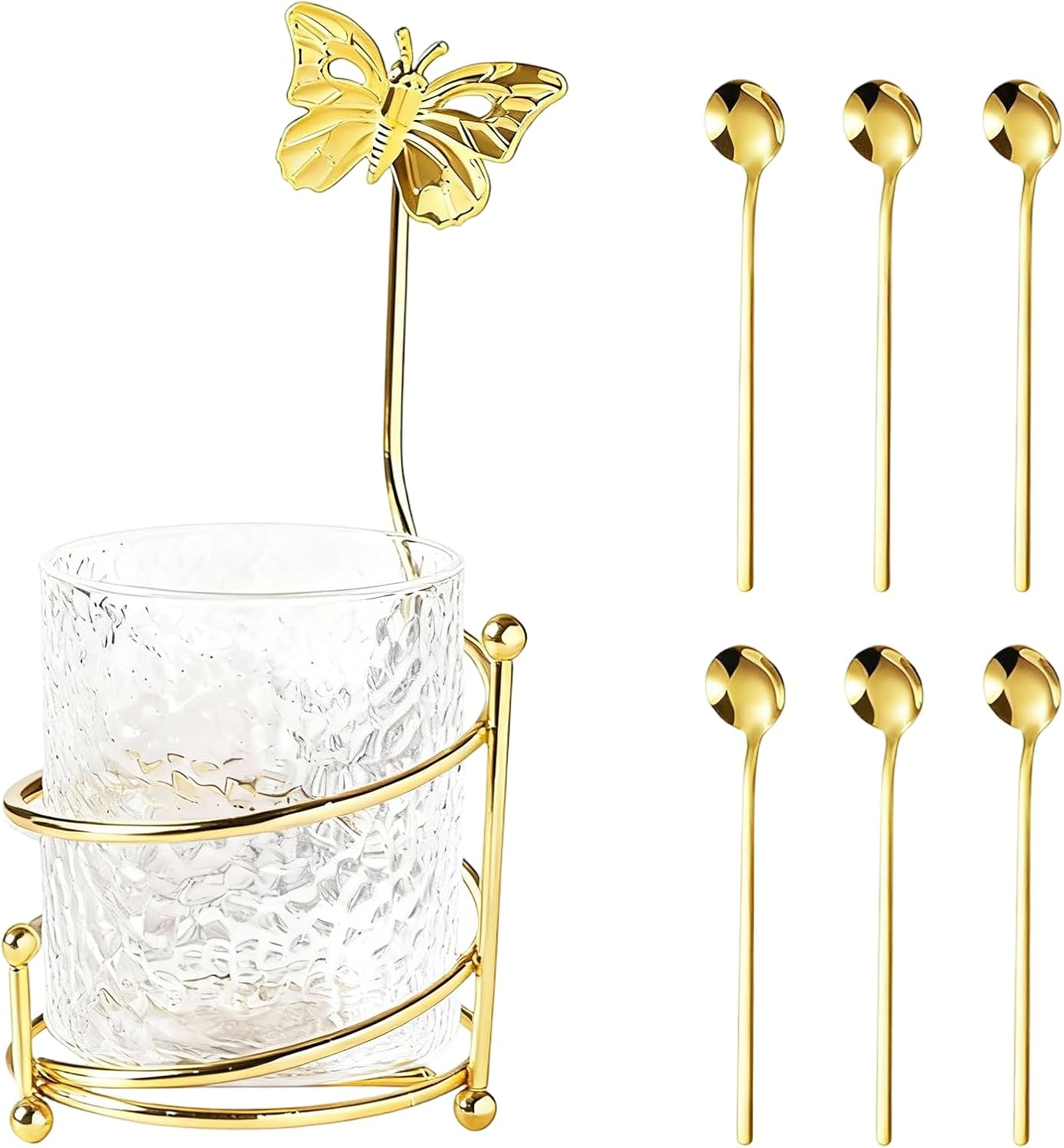 6PCS Gold Round Coffee Spoons with Hammer Pattern Glass Cup, Stainless Steel & Glass, Dishwasher Safe