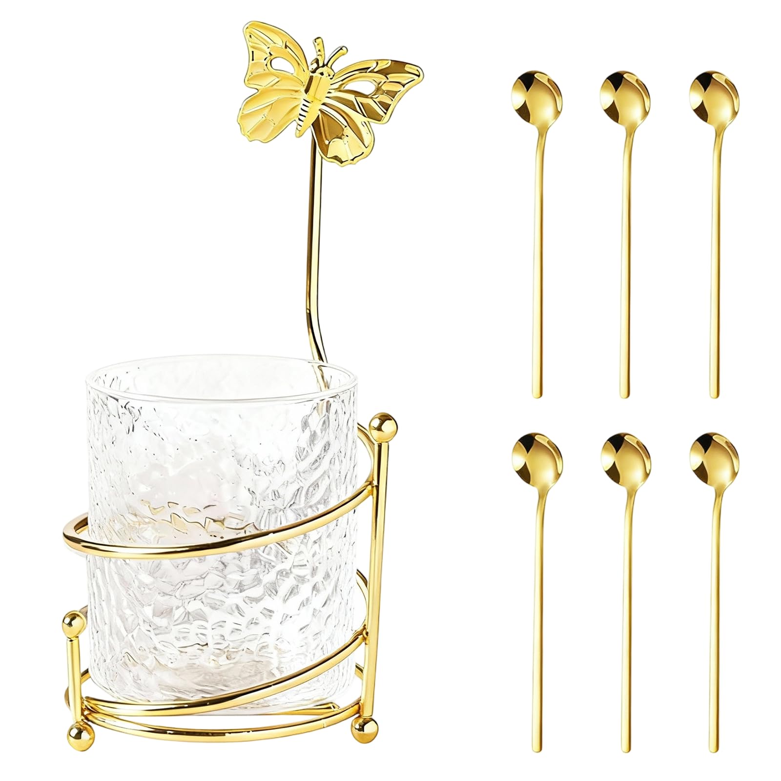 6 cucharas de café con soporte de vidrio, pequeñas cucharas de postre doradas de acero inoxidable, juego de mini cucharas de té para frutas, agitar, mezclar, azúcar, helado, pastel