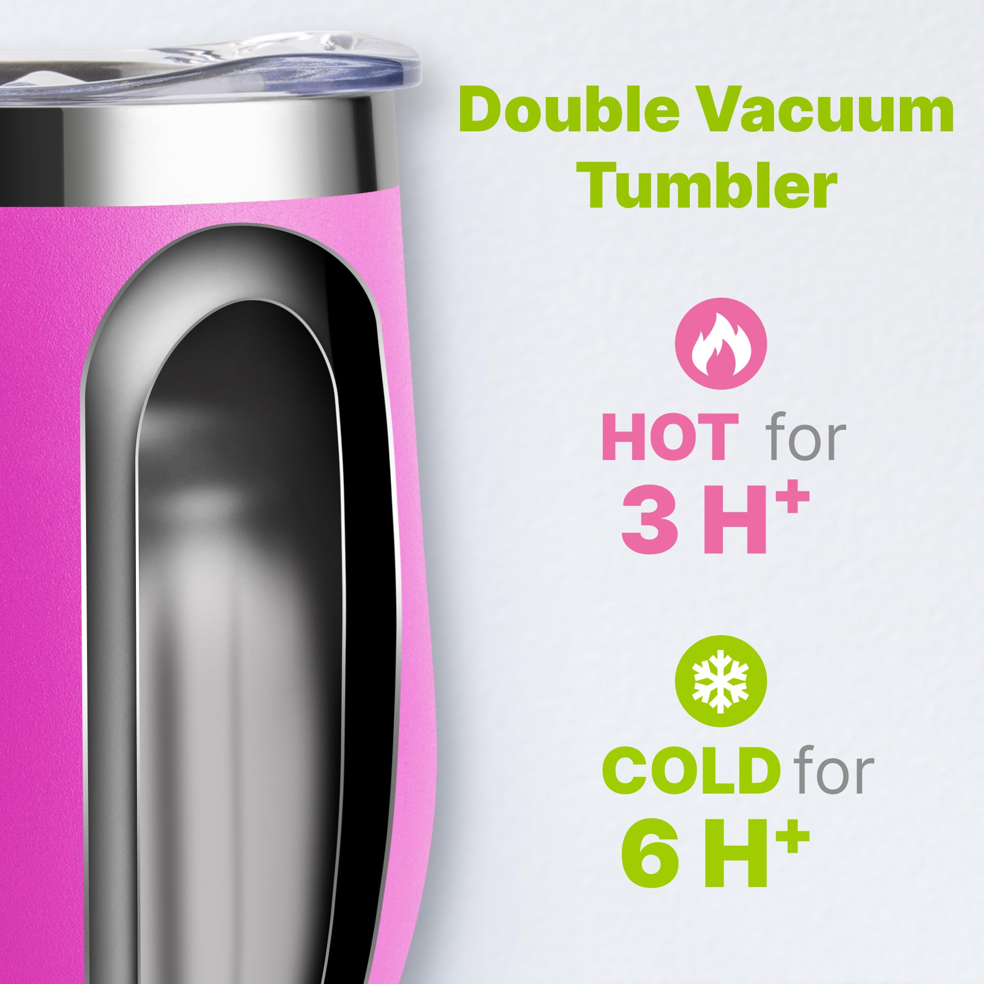 Vaso de 12 onzas con asa y popote, paquete de 2 vasos de acero inoxidable con aislamiento al vacío de doble pared con tapa, reutilizable, a prueba de fugas y sin BPA (morado-rosa intenso)