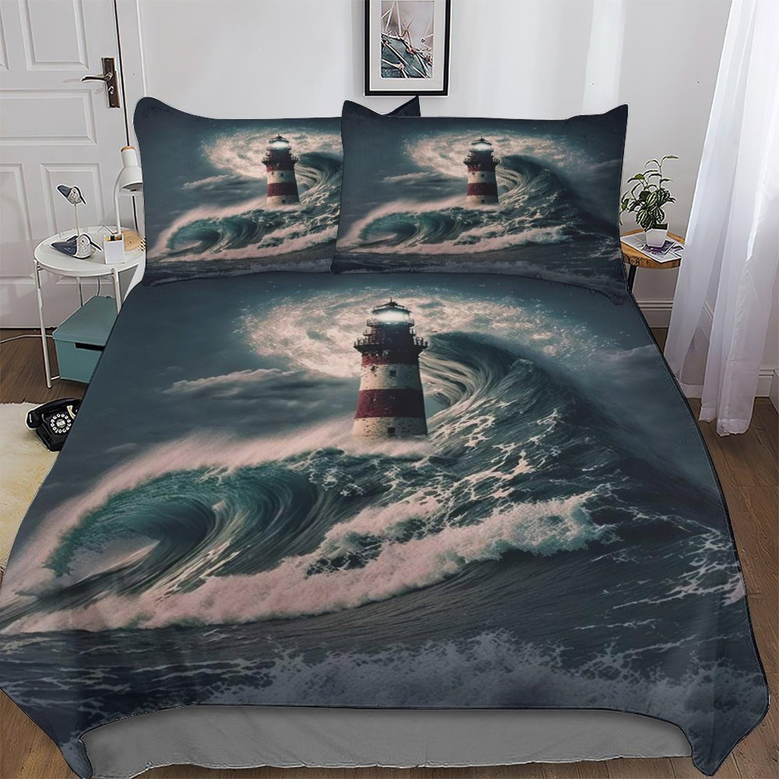 Parure de lit motif phare housse de couette king 220x240cm microfibre