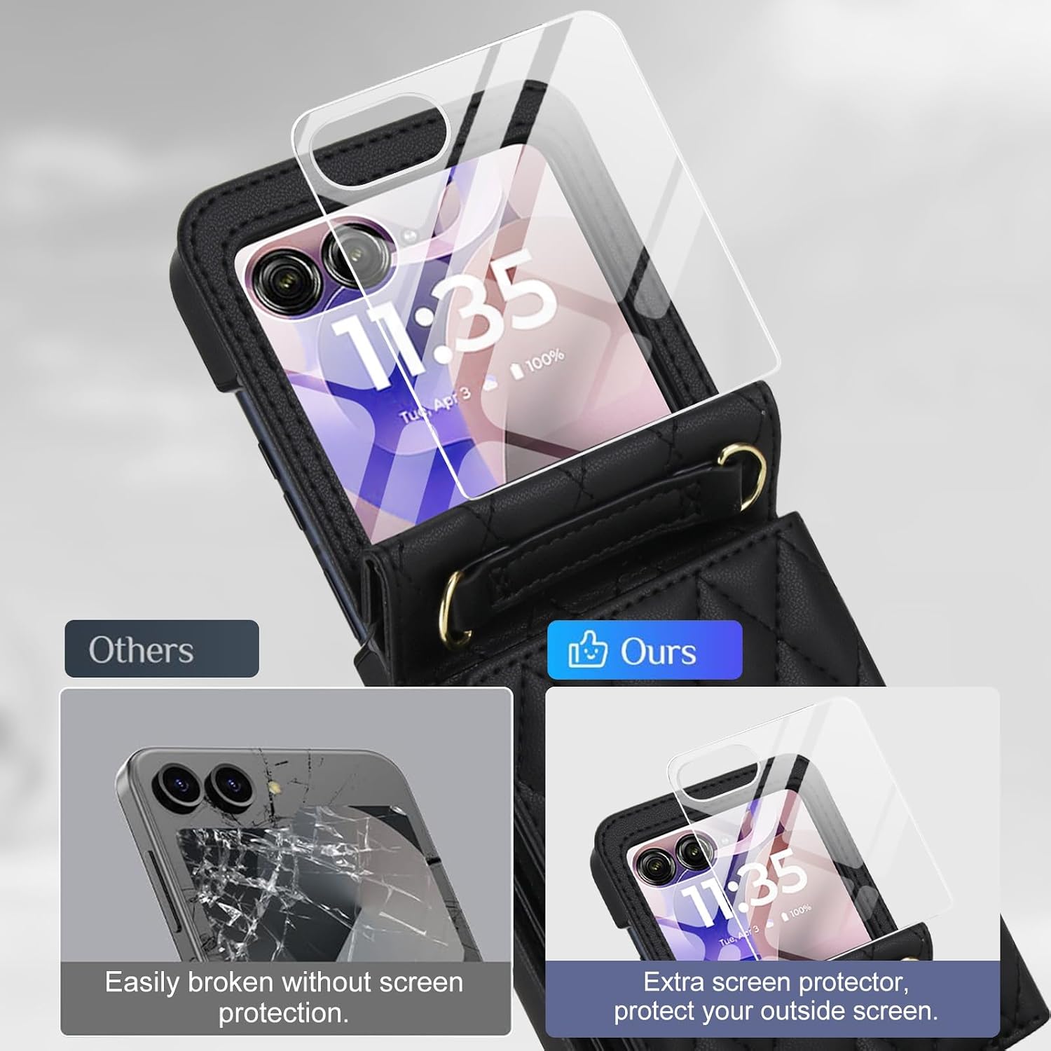 for Motorola Moto Razr 2025 / Razr 60 Case with Wallet Card Holder & Crossbody Strap & Ring Holder, Integrated Screen Protector Women Girls All-Round Wallet Case for Moto Razr 2025 Black