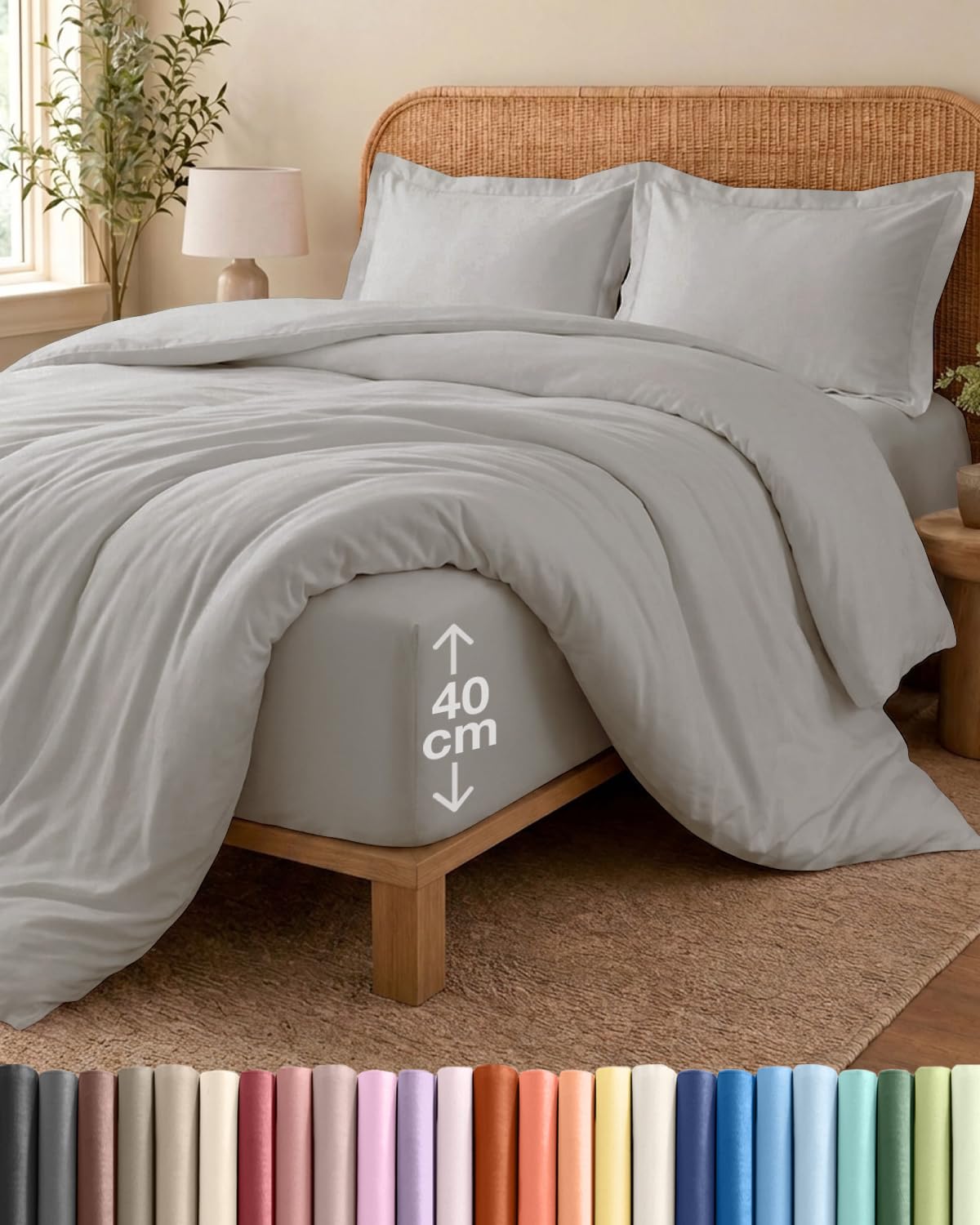 4 Piece Super King Light Grey Duvet Cover Set - Duvet Cover & Fitted Sheet, 2 Pillowcases - 260x220cm + 150x200cm 40cm / 16" - Microfibre - Soft, Wrinkle & Fade Resistant - OEKO-TEX Certified