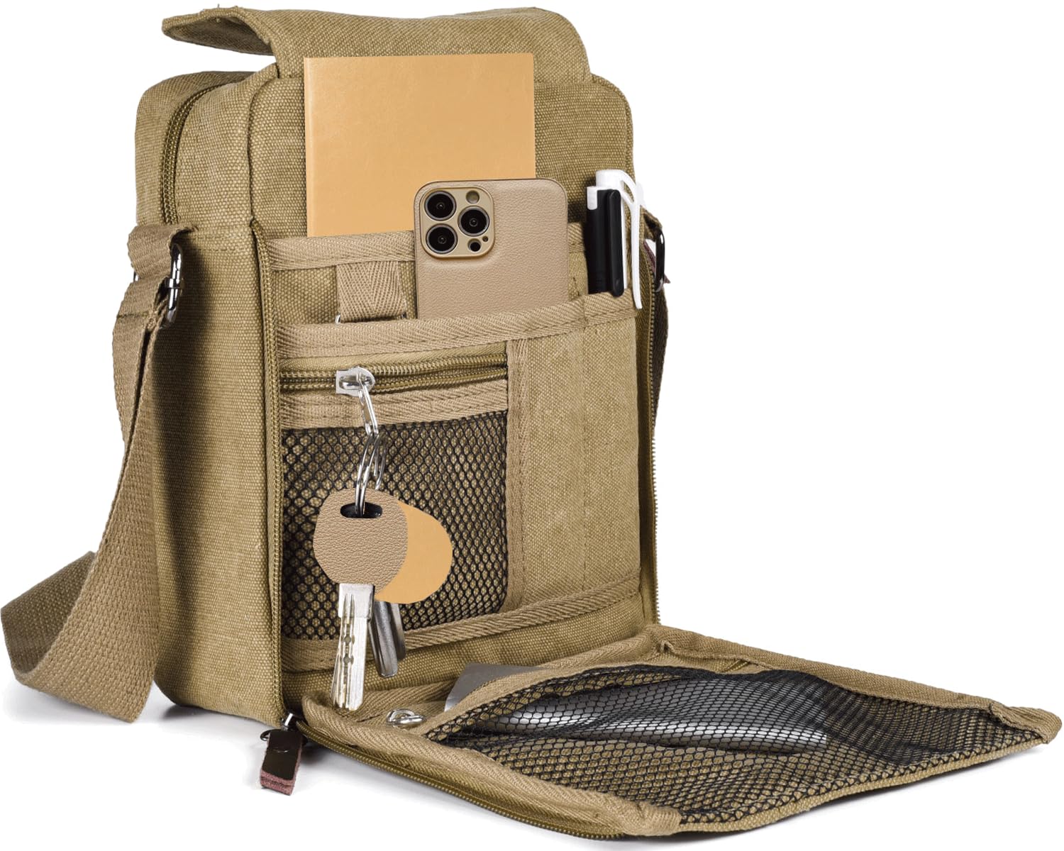 CAAORDKSO Small Messenger Bag for Men Women Vintage Canvas Messenger Shoulder Bag Travel Crossbody Bag Multi Pocket Purses