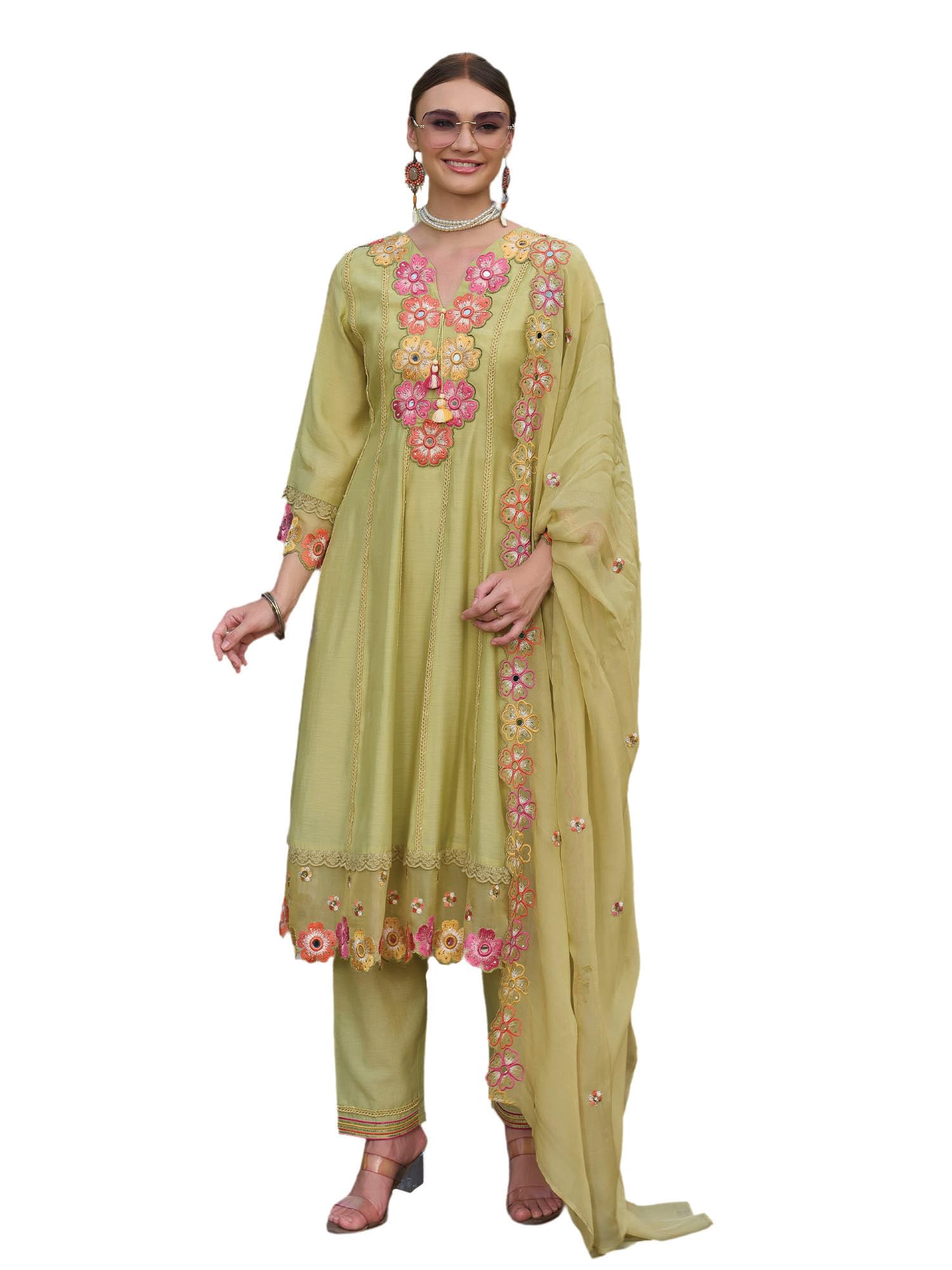 Women's Silk Blend Floral Embroidered Mirror Work Kurta & Pant with Dupatta Set (IEOUT13253)-image-7