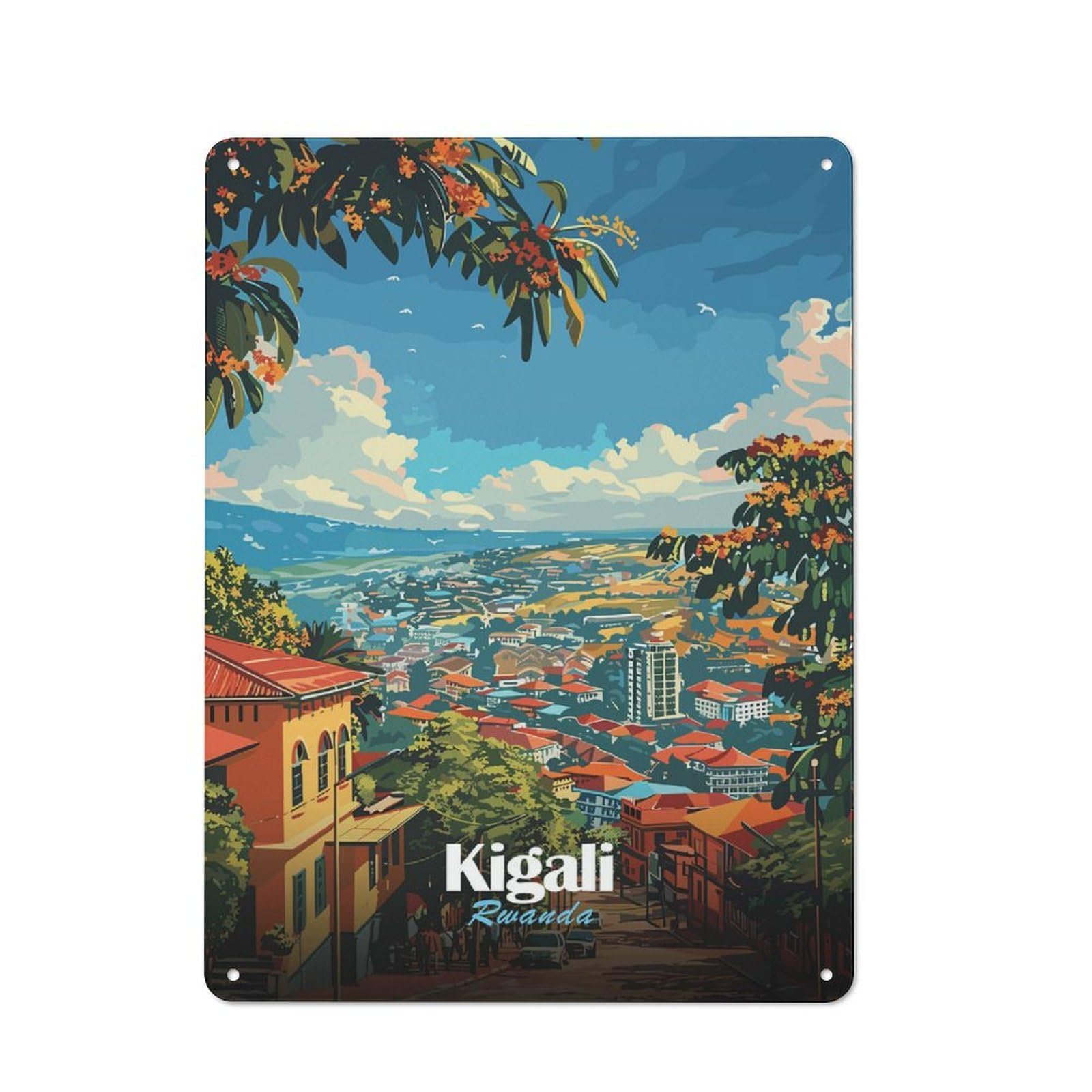 Kigali, Rwanda Cityscape Illustration Decorative Metal Plaque 40x30cm, Shop Front Style Bistro Wall Plaque for Tea Room, Shop Wall Or Breakfast Area