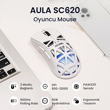 Aula SC620 PAW3311 Sensör 12000 DPI 1000Hz Kablolu ve Kablosuz Gaming Oyuncu Mouse Beyaz