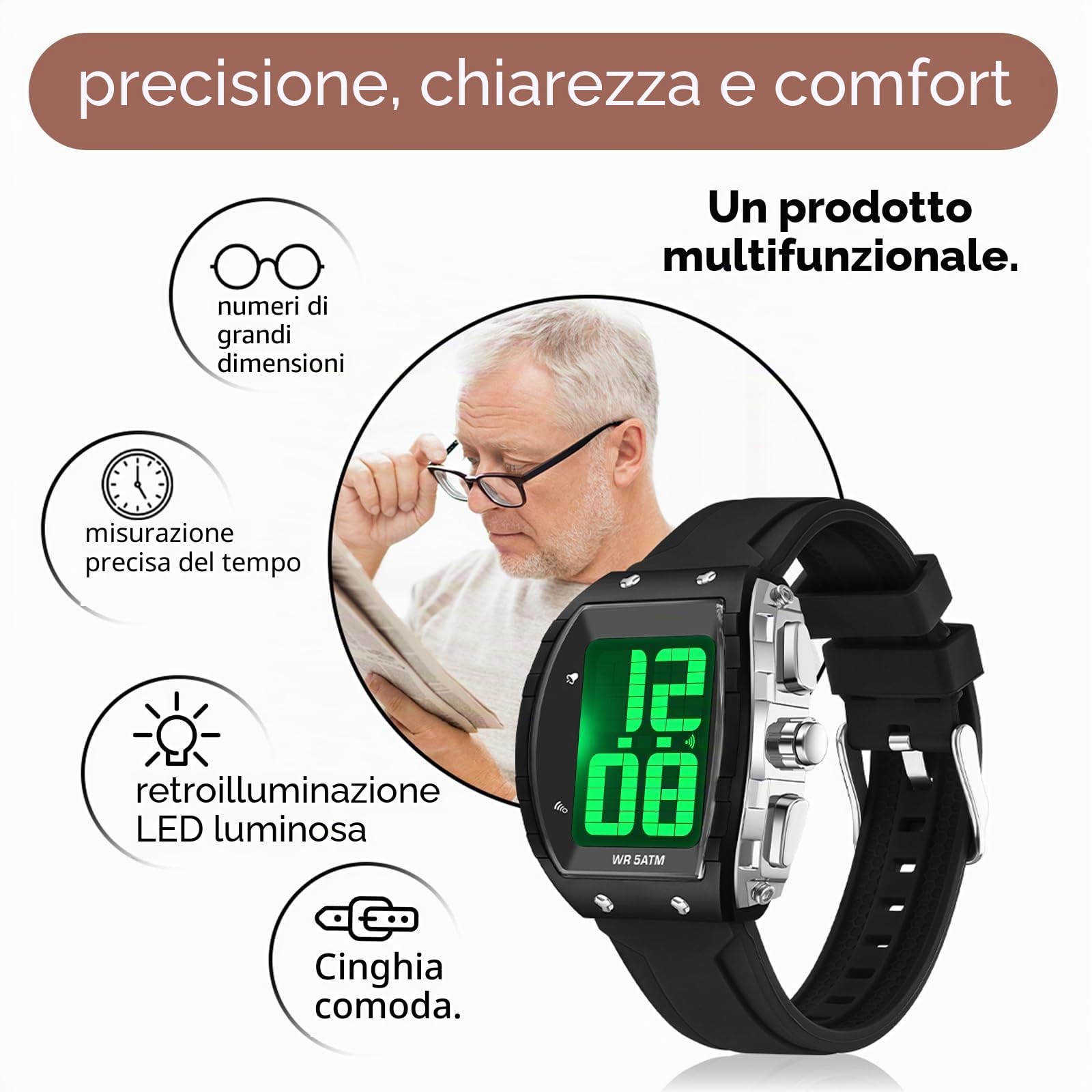 findtime Digital Watch for Seniors English Time-Telling Extra Large Numbers Display Alarm Waterproof Wrist Watches for Elderly Visually & Hearing Impaired Easy to Read Watches for Men Women
