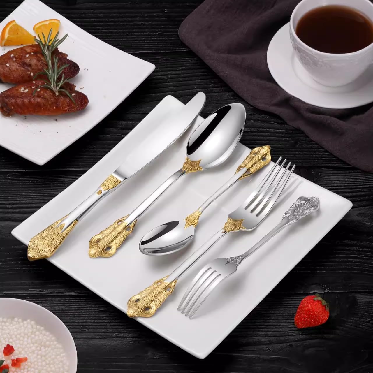 Royal 30-Piece Flatware Set, 304 Stainless Steel Silverware with Gold Accents, Service for 6, Mirror Polished, Dishwasher Safe