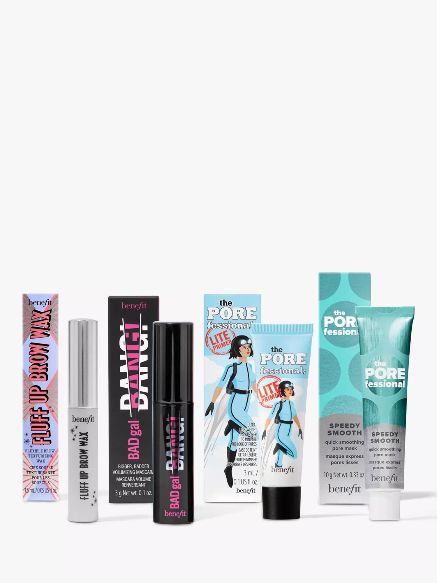 Benefit Bene Bundle TRIAL SIZE Fluff Up Brow Wax, BADgal BANG! Mascara, POREfessional Lite Primer and Mask - Image 2