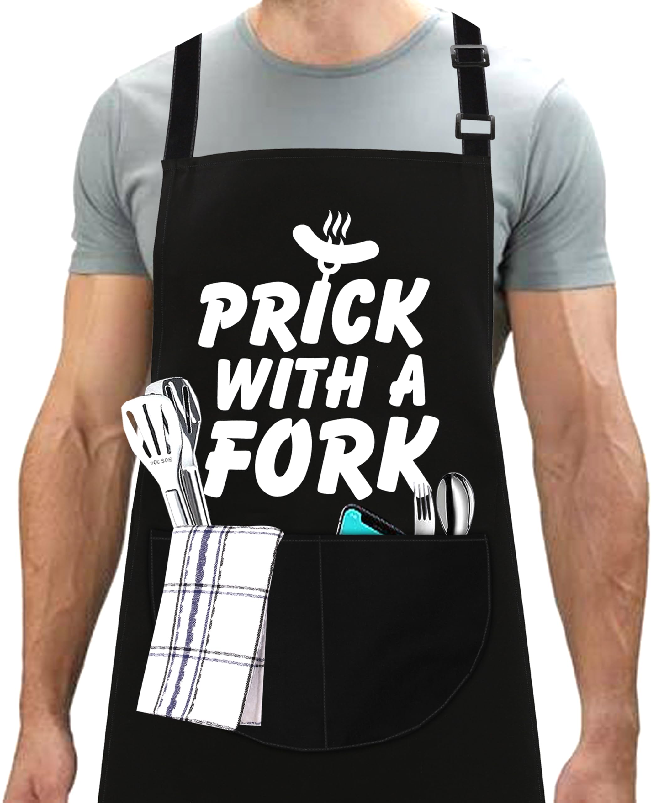 Linen Closet Unisex Black 2 Linen Closet® Bbq Apron For Men Funny Aprons Grilling Novelty Barbecue Aprons Kitchen Cooking Gift Apron With 2 Front Pockets-Fork Apron