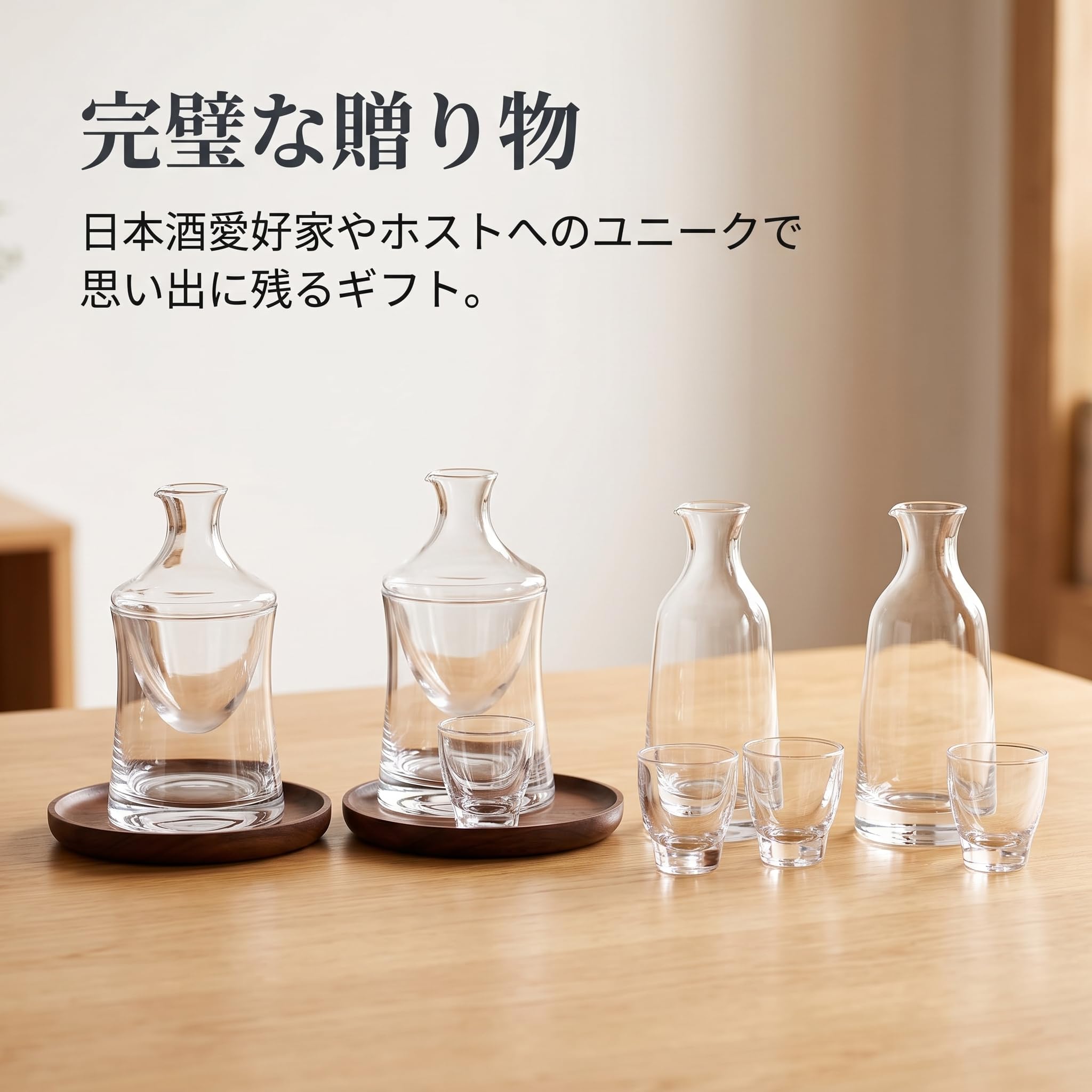 Set Sake Giapponese in Vetro Cristallo Trasparente con Caraffa e Vassoio in Legno, style to 2