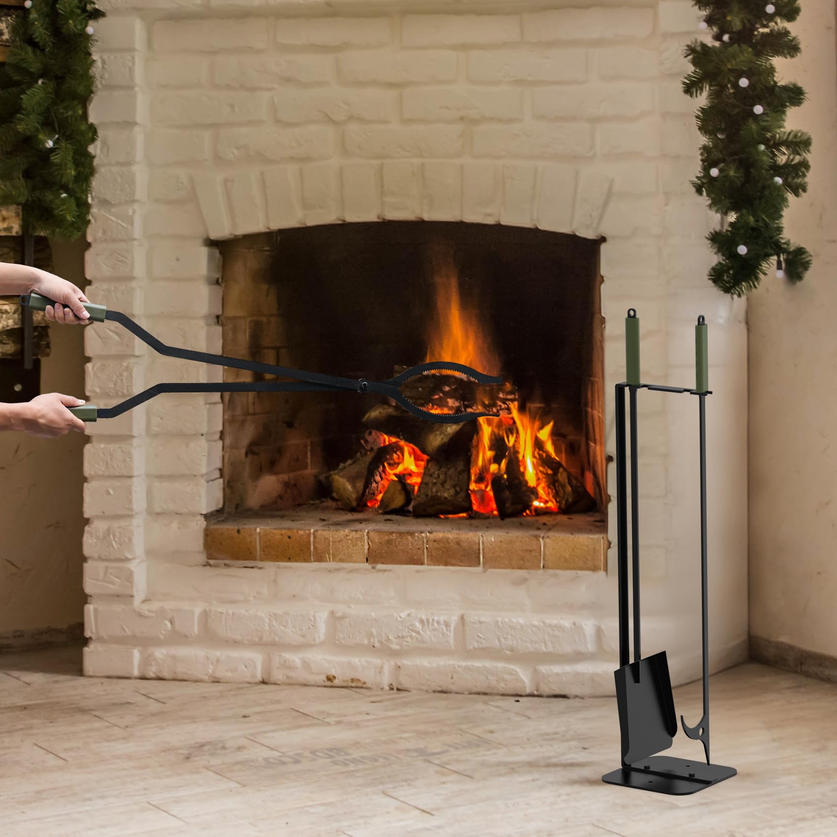 Fire Poker And Log Tongs, Fireplace Tools With Sturdy Stand Base Firewood Log Grabber Campfire Backyard Bonfire Wood - View #3