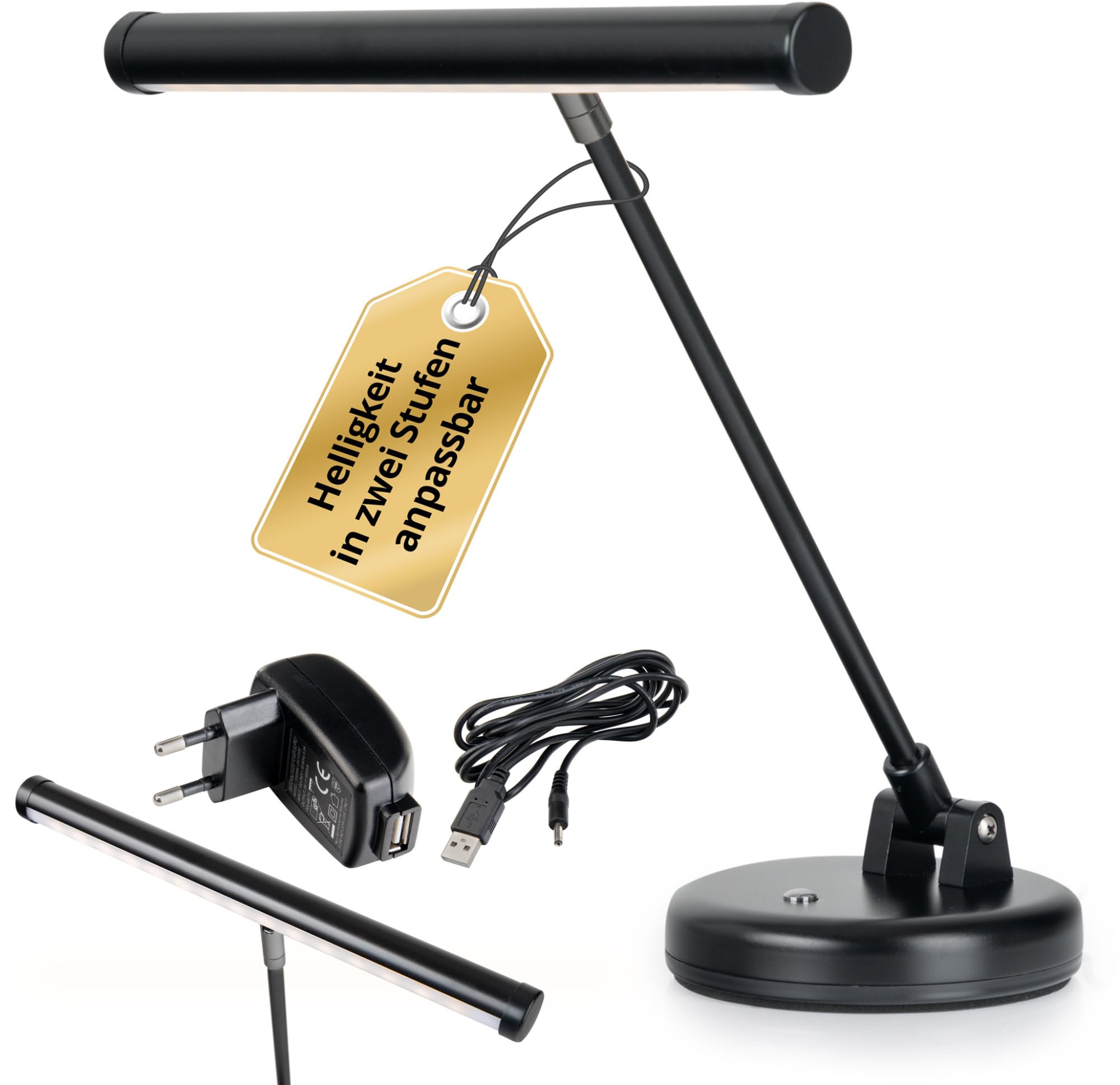 Showlite PL-1-BK-KW Lampada LED per Pianoforte - Lampada per Pianoforte con 15 LED - luce bianco caldo a 2 livelli - altezza 36 cm - alimentazione via USB, rete o batteria - nero