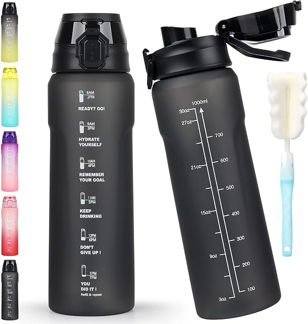 CodiCile Water Bottle, Leakproof Water Bottle 1L, Sports Water Bottle with Straw and Drinking Port Lid, Dishwasher Safe, BPA Free Reusable Tritan for Gym and Outdoor