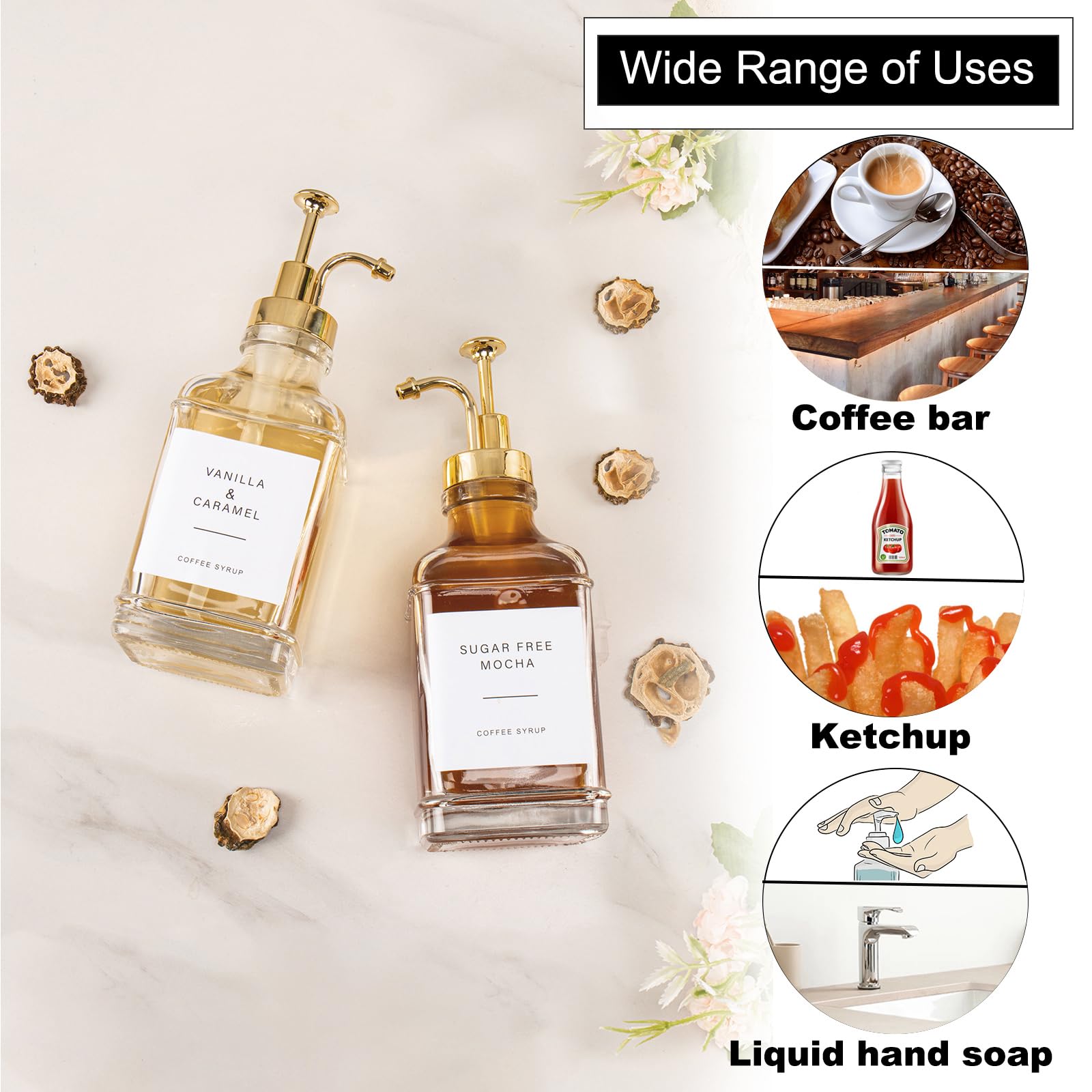 Dispensador de jarabe de café para barra de café, botellas de jarabe de vidrio transparente con bomba, dispensador de jarabe de arce recargable, accesorios de barra de café y organizador, 500