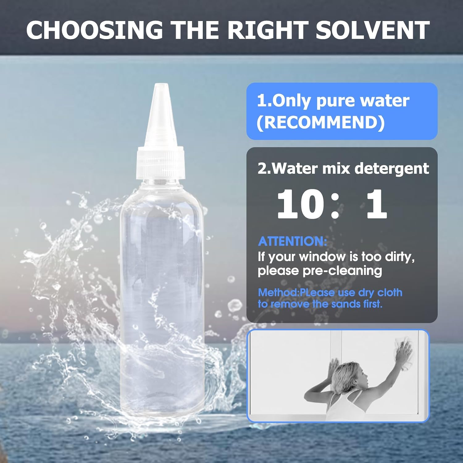 Diagram showing recommended cleaning solvents: 1. Only pure water (recommended). 2. Water mix detergent 10:1. Also advises pre-cleaning for very dirty windows.