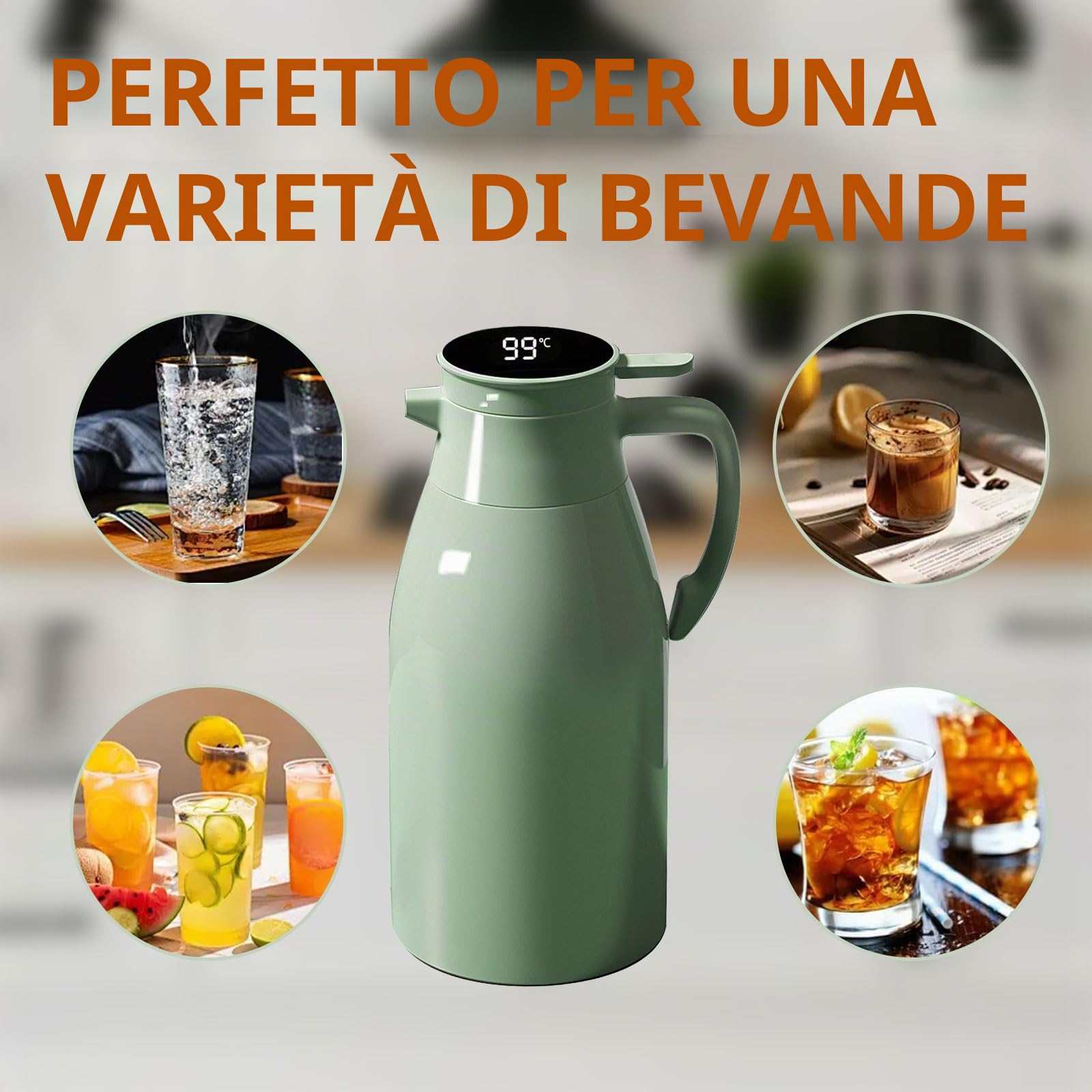 Brocca isotermica 2 L 6 strati per acqua calda | Bollitori isolati sottovuoto per teiera, caffè, succo, latte, tè, caffè, bevande, ufficio, campeggio, termico 24 ore
