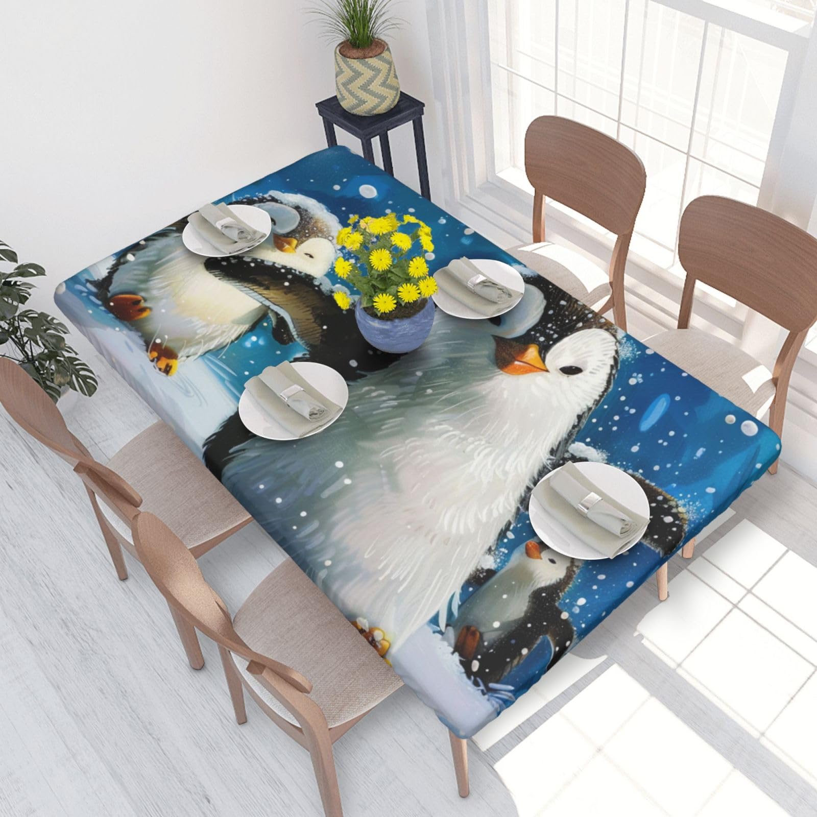 WPKJU Happy Penguin Printed Tablecloths 4ft Rectangular Table Covers Washable Polyester Decorative Table Cloth for Dining Table Picnic Wedding