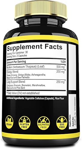 Miniatura 7 de Mecisco Suplemento de hoja de gordolobo con raíz de ginseng Panax, Cordyceps Sinensis y más - 60 cápsulas - Apoyo 11 en 1 para la salud