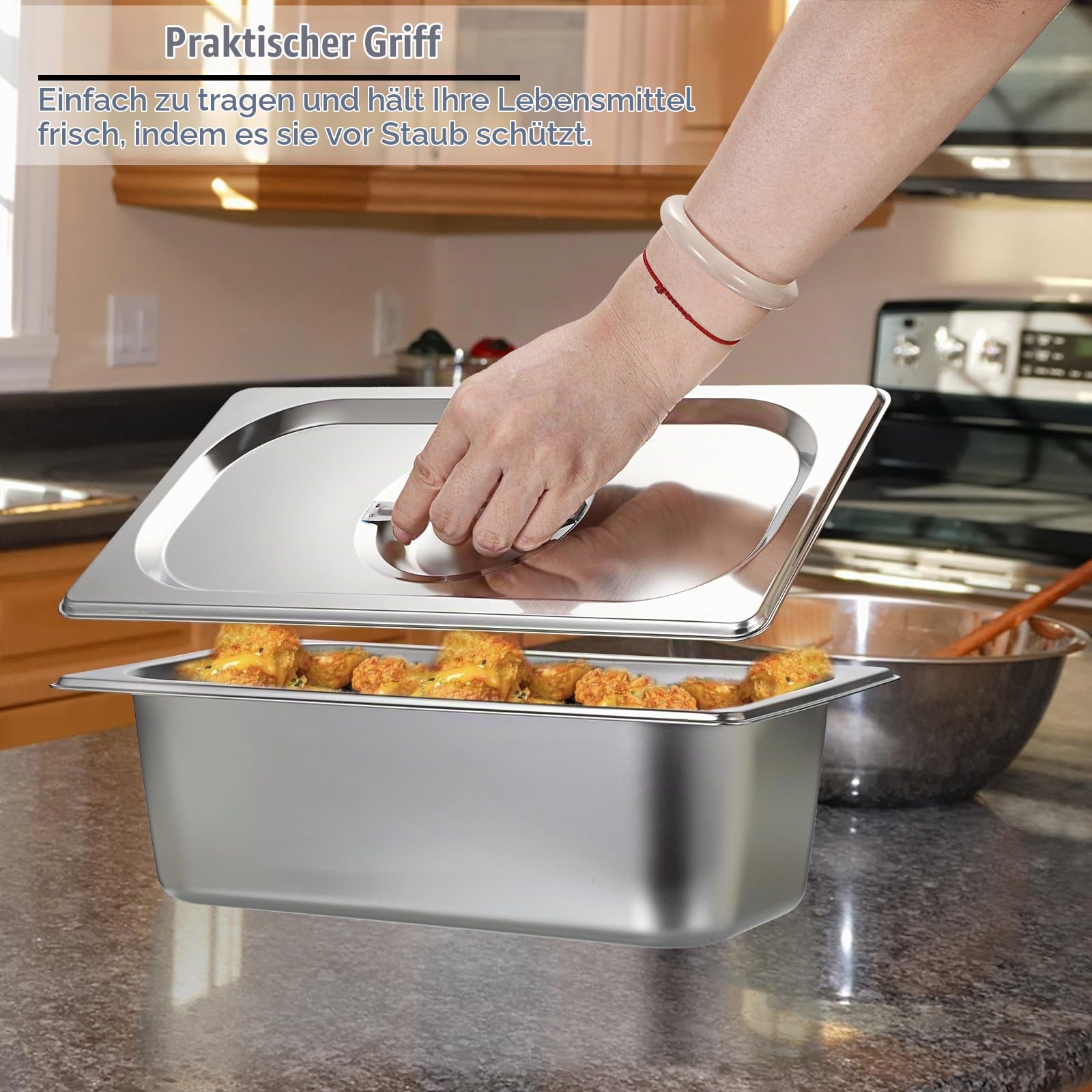 SUMNACON 4x1/3 Gastronormbehälter aus lebensmittelecht Edelstahl,Stapelbare Panierset mit Deckel,von -60° bis 400°C,Spülmaschinenfest Panierschalen für Schnitzel Fleisch Fisch Obst Eis Sauce 10cm hoch
