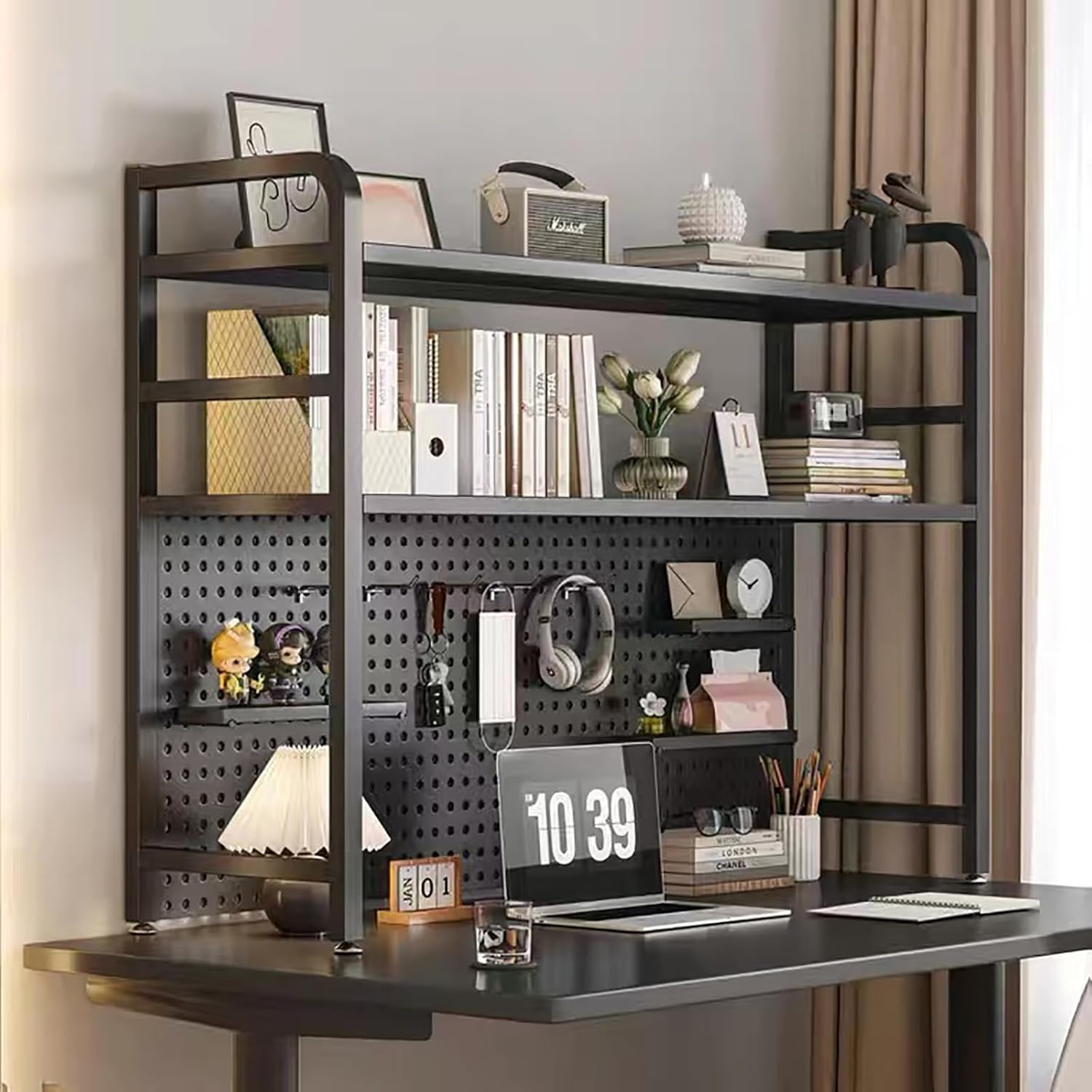 2 Layer Desktop Bookshelf for Computer Multipurpose Metal Desktop Hutch Shelf Wrought Iron Desktop Bookcase for Office Supplies Organizer, Home Decor