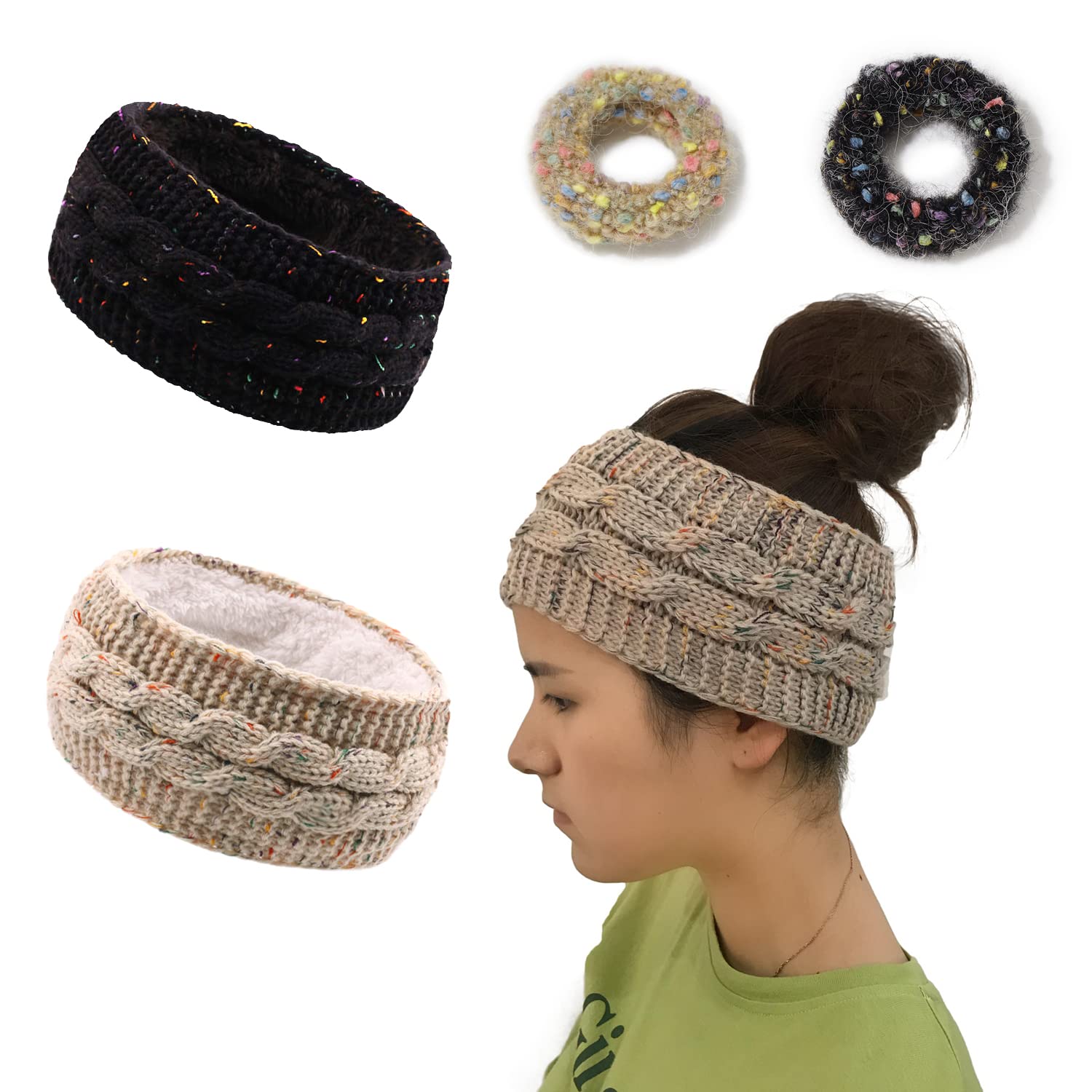 2 Pcs Winter Knitted Headbands And 2 Pcs Hair Loops, Knitted Headbands for Ladies and Girls, Elastic Hot Headbands, Sports Headbands for Winter, Running, Skiing, Yoga