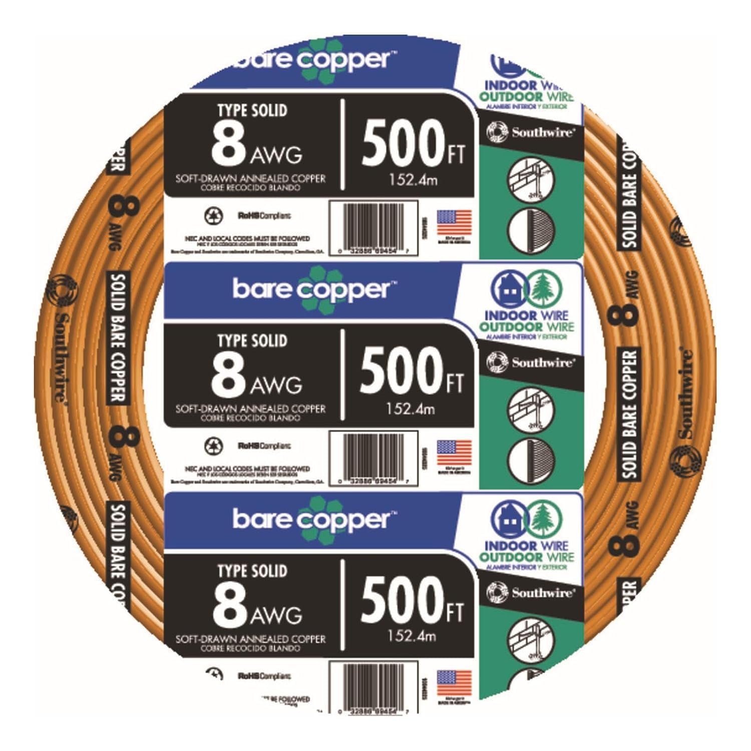 Southwire 8-Gauge Bare Copper Wire – Solid Soft‑Drawn Uninsulated Copper Conductor for Grounding & Electrical Applications, 25ft