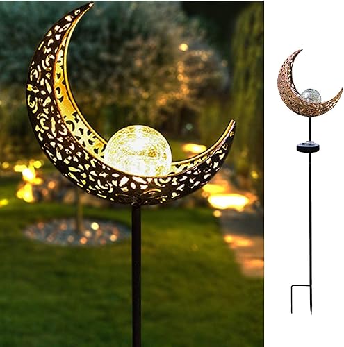 Luz solar de jardín decorativa para exteriores, luces de metal con estaca de globo de cristal con grietas de luna, LED blanco cálido impermeable