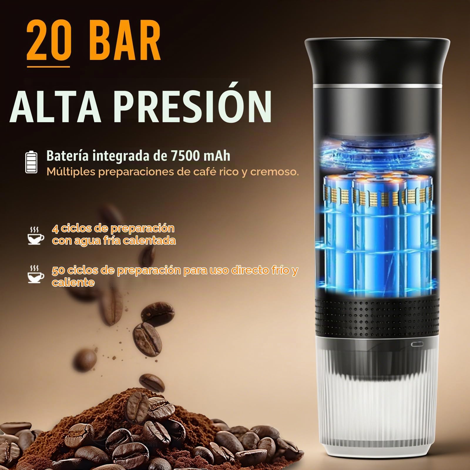 Cafetera Portátil 3 en 1 Eléctrica, Máquina de Café de Viaje 20 Bar con Autocalentamiento, Compatible con Cápsulas y Café Molido, Batería 7500mAh para Camping y Coche