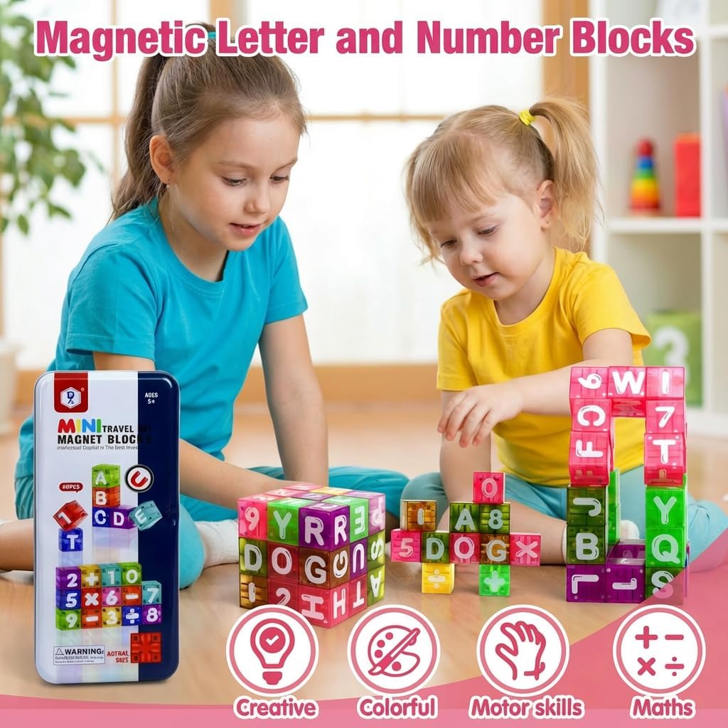 Magnetic Alphabet Blocks 40pcs - Educational STEM Learning Toys for Kids 3-8 | Portable Travel Letter Number Math Kit | Montessori Preschool Gifts Boys Girls