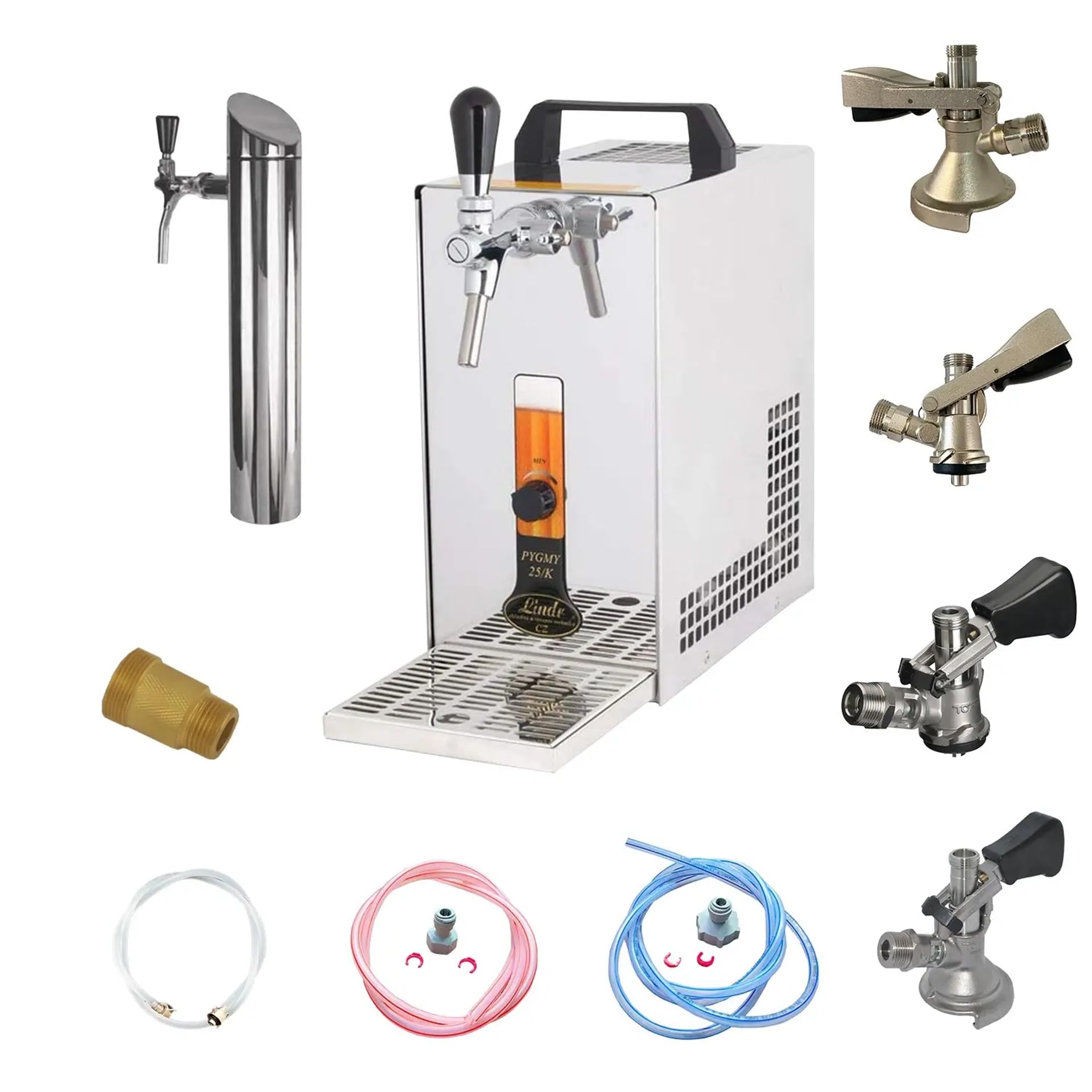 Set completo di stilli per birra PYGMY 20/K con pompa a membrana, refrigeratore a secco a 1 condotto in acciaio inox, 25 litri/h, con colonna, Green Line (testa di spillo)