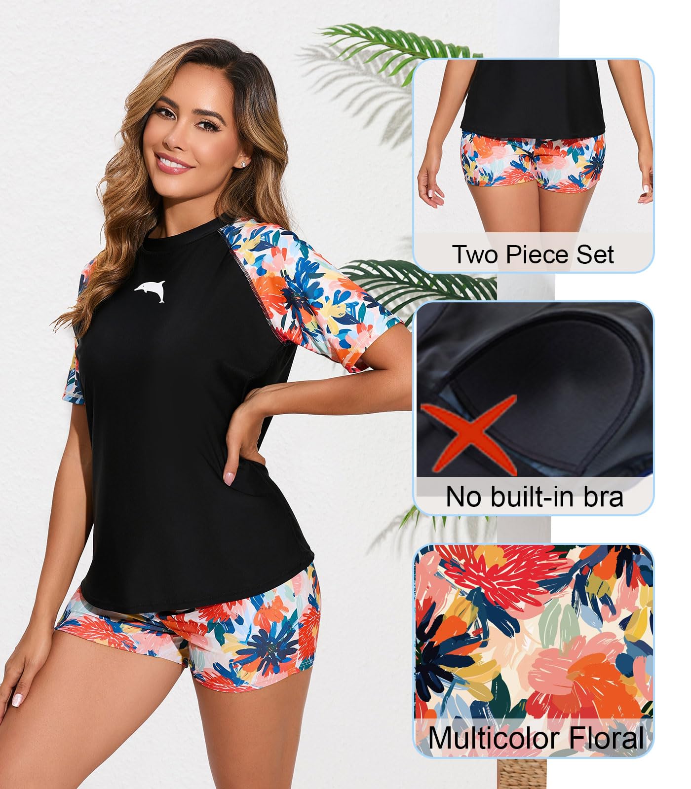 Halcurt Conjunto de camiseta de natación de dos piezas de manga corta para mujer con protección UPF 50 y pantalones cortos