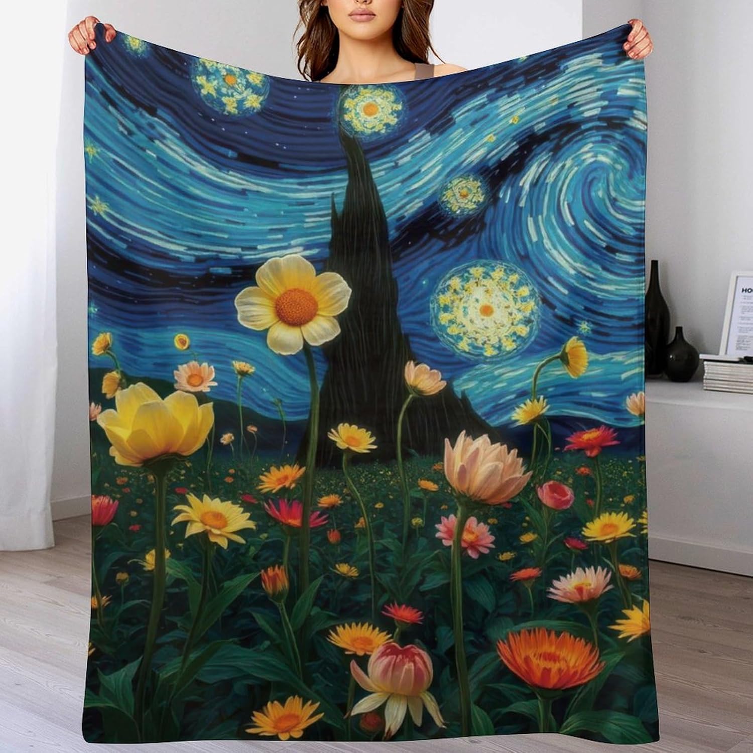 Starry Night Throw Blanket, Flowers Fuzzy Blanket, Ultra Soft Cozy Flannel Throw Blankets Lightweight Fleece Blankets for Bed Couch Sofa 40"×50" Starry Night Flowers