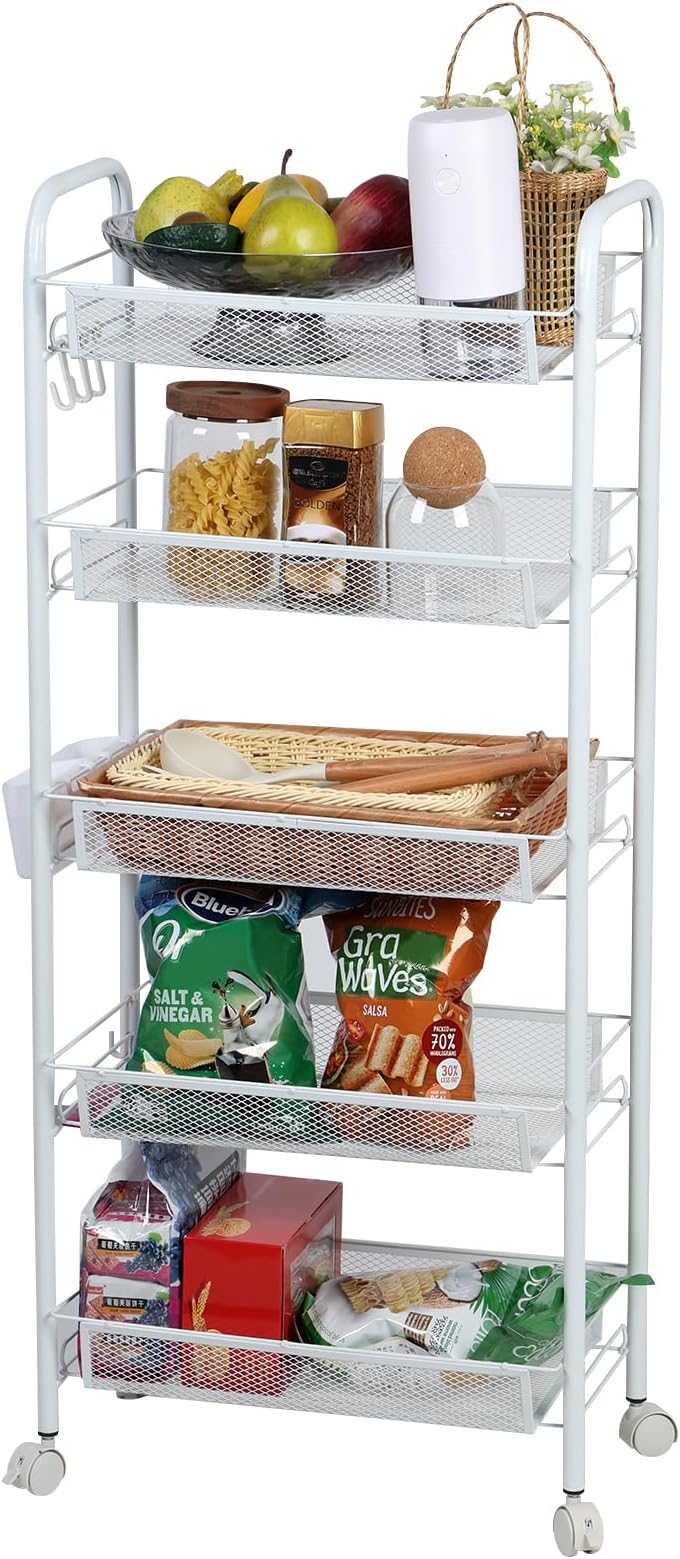5-Tier Metal Rolling Utility Cart - Versatile Kitchen & Bathroom Storage Trolley with Fruit & Vegetable Baskets - White 5-Layer for Pantry & Home Use